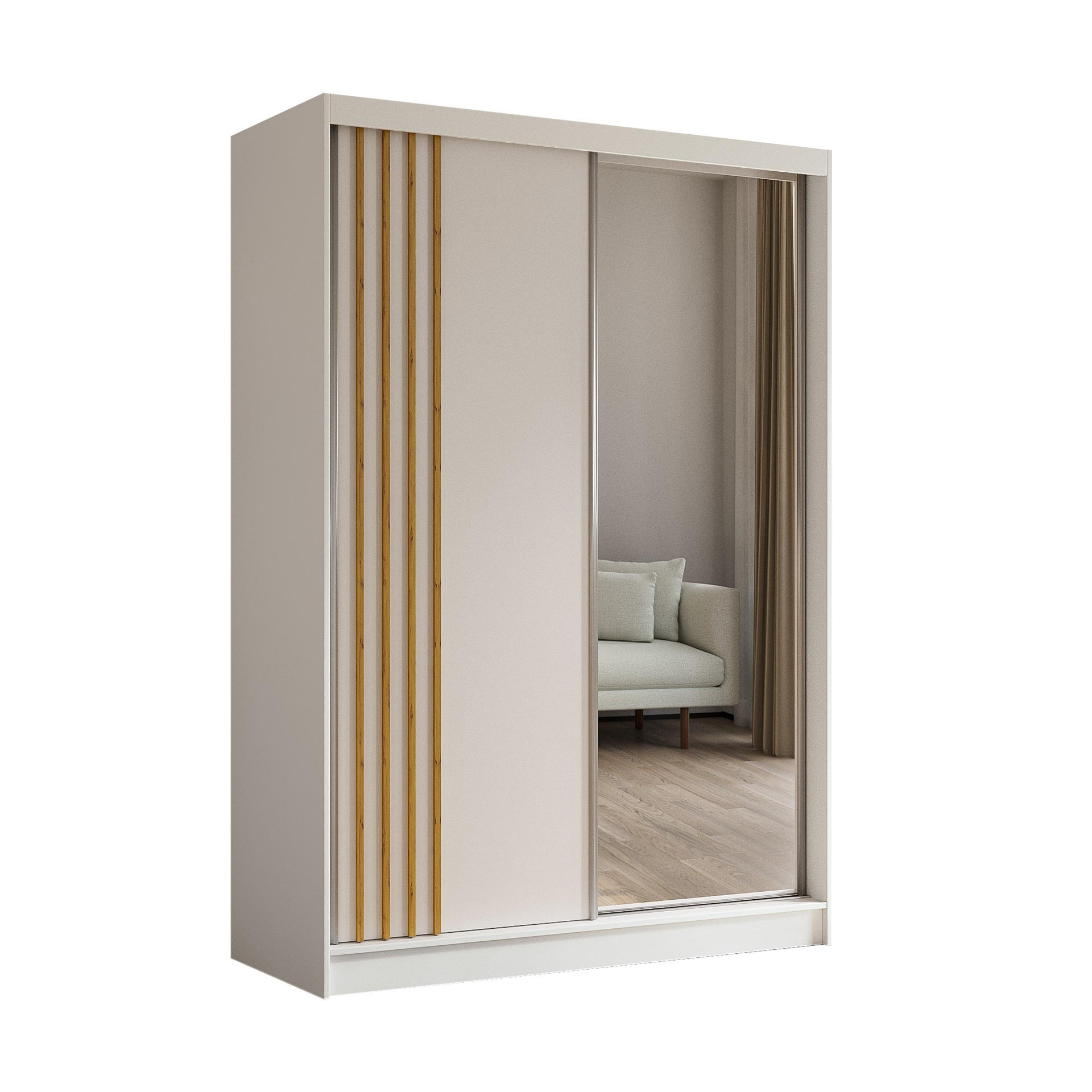 SCHWEBETÜRENSCHRANK Neli 150 cm mit Lamellen und Spiegel 2-türig, weiß, weiß, Lamelle Artisan - Weiß/Braun, Kunststoff (150/216/61cm) - Margaret Hadas24