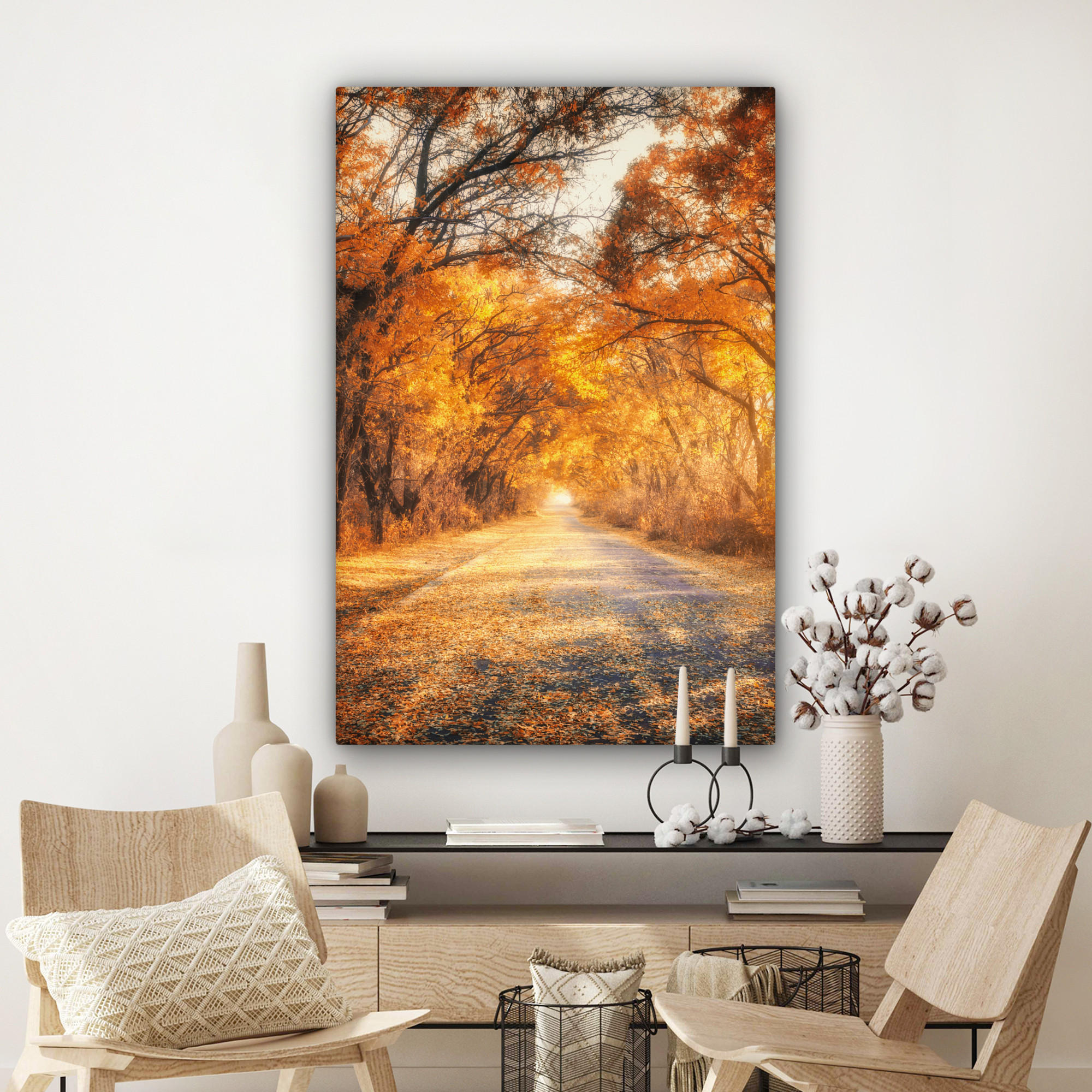 LEINWANDBILD Wald - Herbst - Bäume - Waldweg - Natur 90x140 cm - Bernsteinfarben, Textil (90/140cm) - MuchoWow