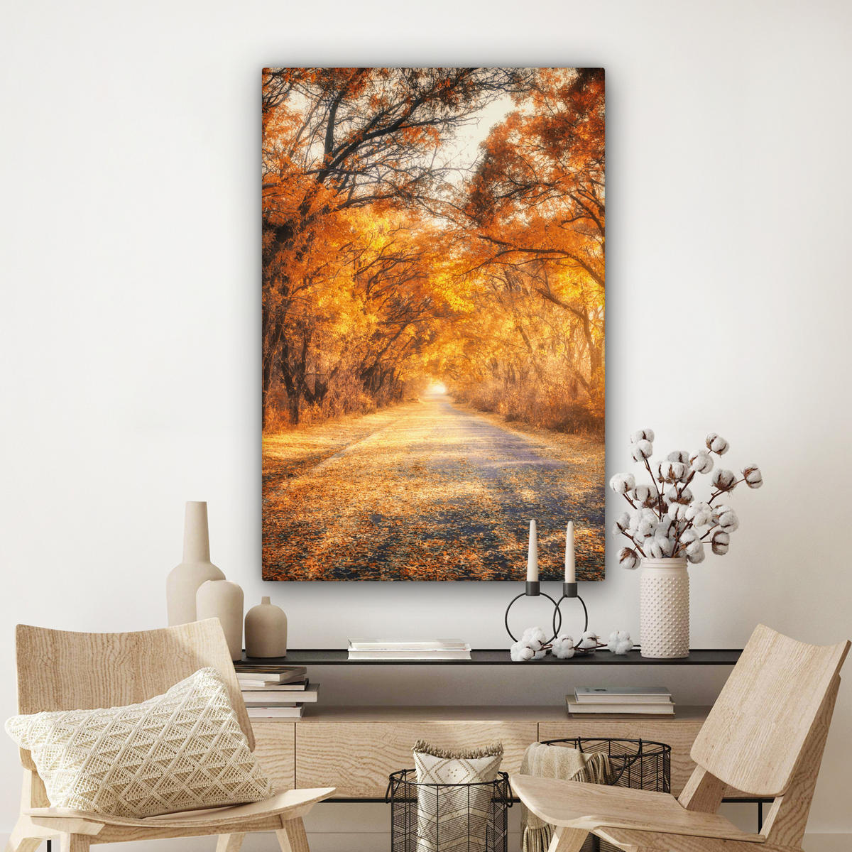LEINWANDBILD Wald - Herbst - Bäume - Waldweg - Natur 80x120 cm - Bernsteinfarben, Textil (80/120cm) - MuchoWow