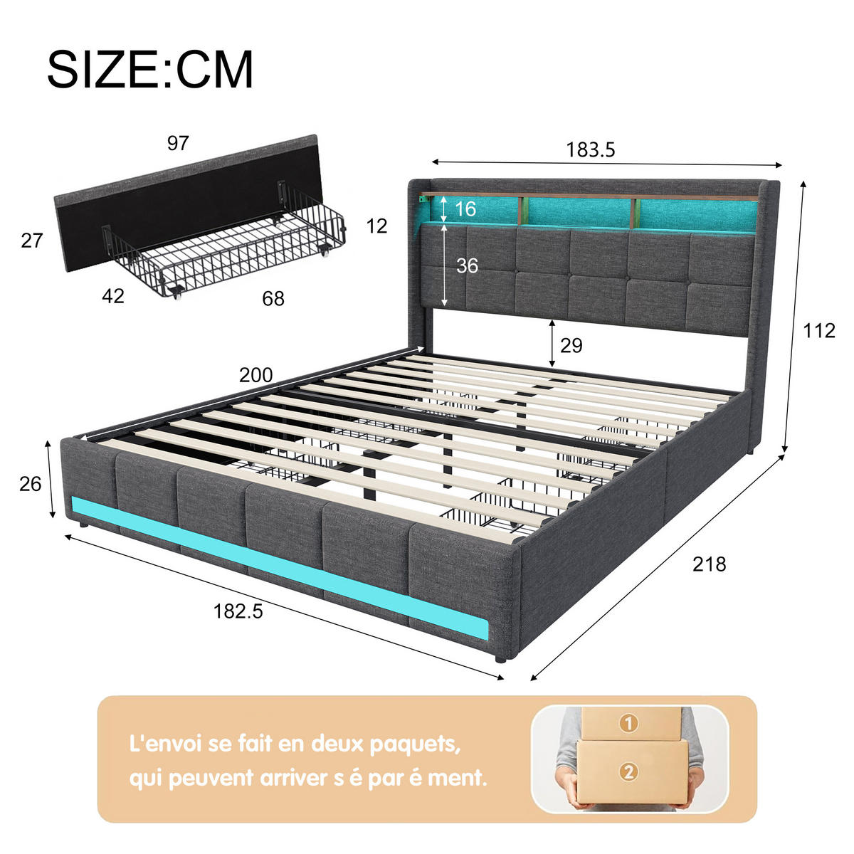 STOFFBETT 180X200CM GRAU LED USB TYP-C SCHUBLADEN - Grau, Holzwerkstoff - SHOPENTRA