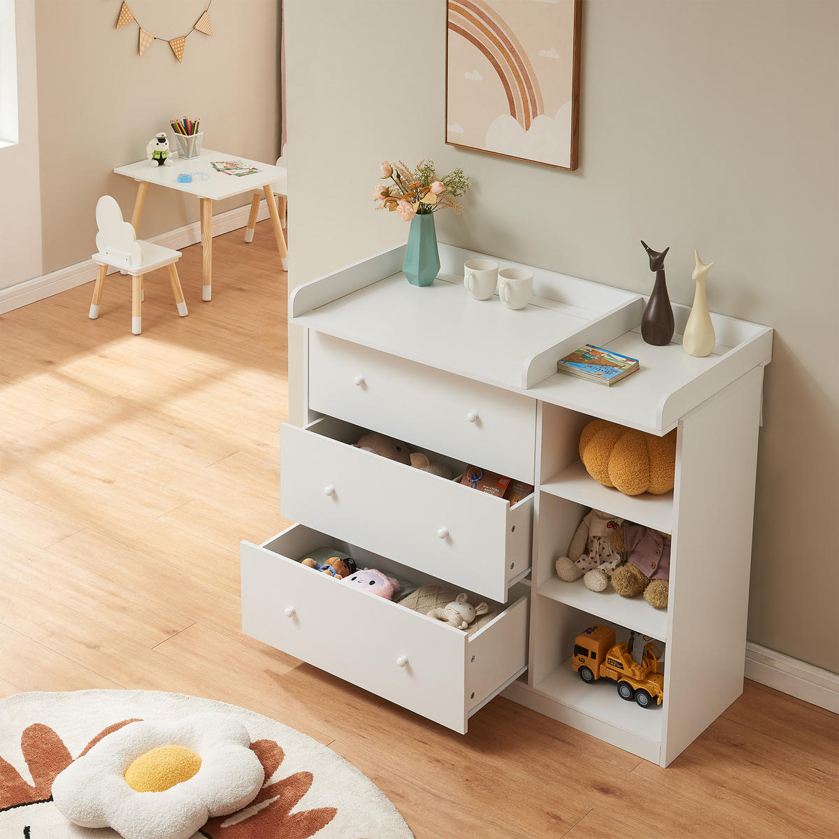 PŘEBALOVACÍ PŘÍSTROJ Beldinupp - bílá, kompozitní dřevo (55/93/110cm) - [en.casa]