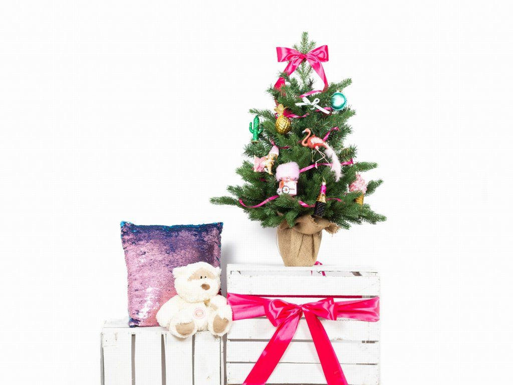 WEIHNACHTSBAUM künstlicher 60 cm mit LED-Beleuchtung, SÜSSERSCHATZ, mit 11 Weihnachtsbaumschmuck, Pflanztopf mit Jutesack - Grün, Kunststoff/Stein (40/60cm) - LAALU