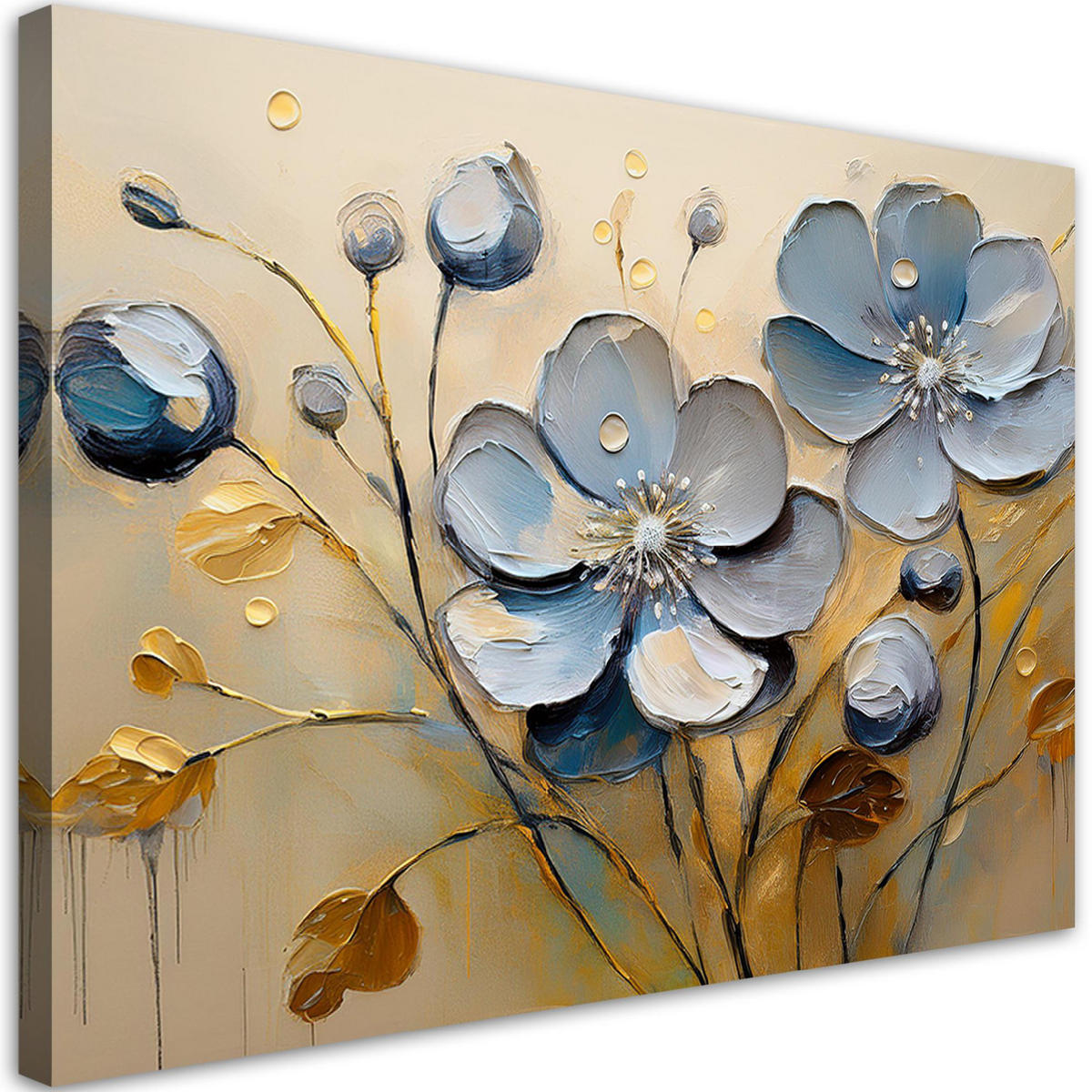 WANDBILD blumen blätter grau gemalte - Blau, Textil (60/40cm) - Feeby