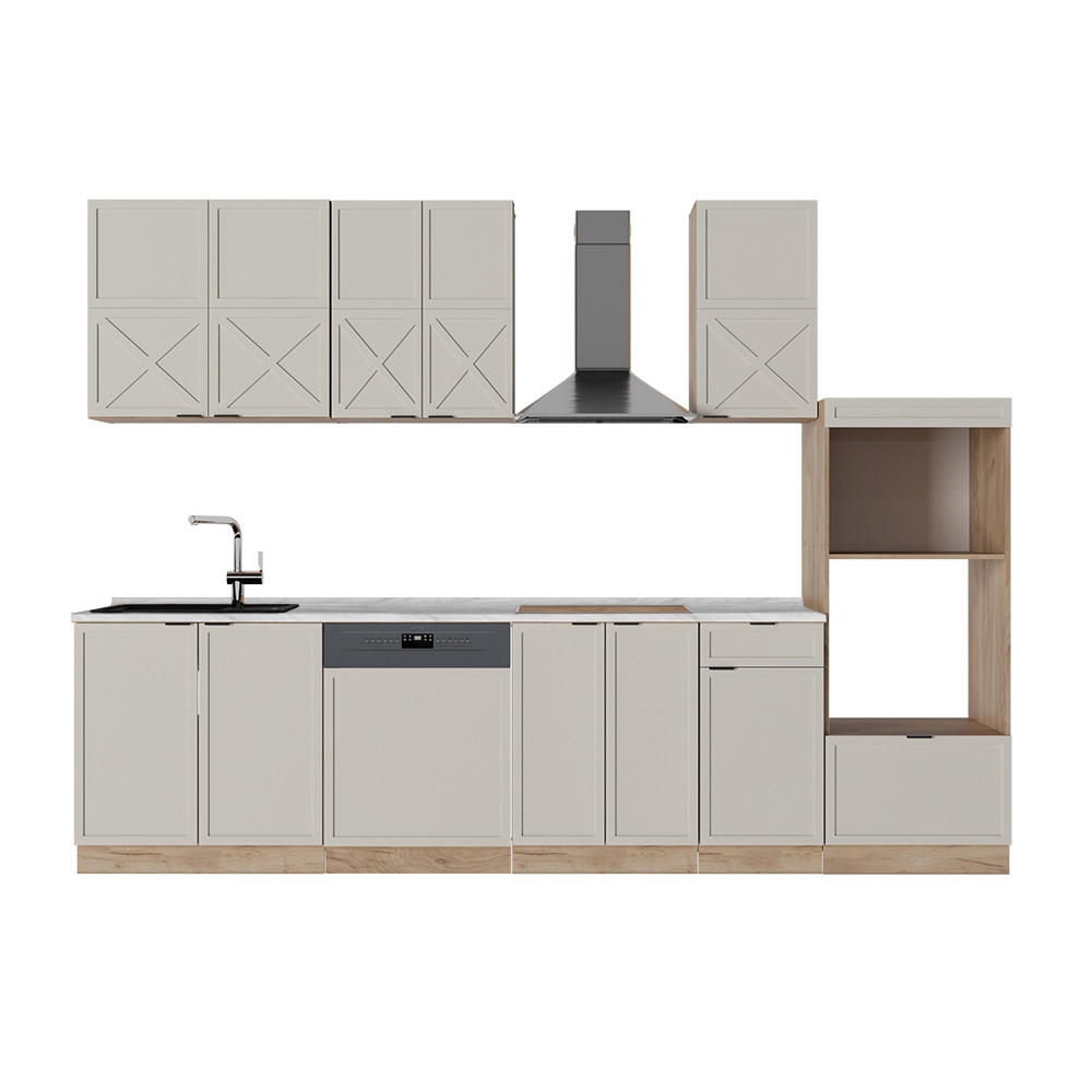 KÜCHENZEILE Fame-Line GrauBeige/Goldkraft Eiche 300 cm mit Hochschrank AP Marmor - Honigeiche/Grau, Holzwerkstoff (300/81.6/60cm) - Vicco