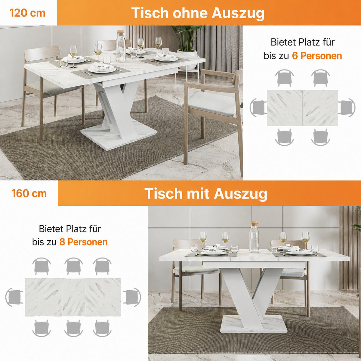 ROZKLADACÍ JEDÁLENSKÝ STÔL 120–160 cm Biely s dekorom mramoru - biela, kompozitné drevo (160/80/75cm) - Home Collective