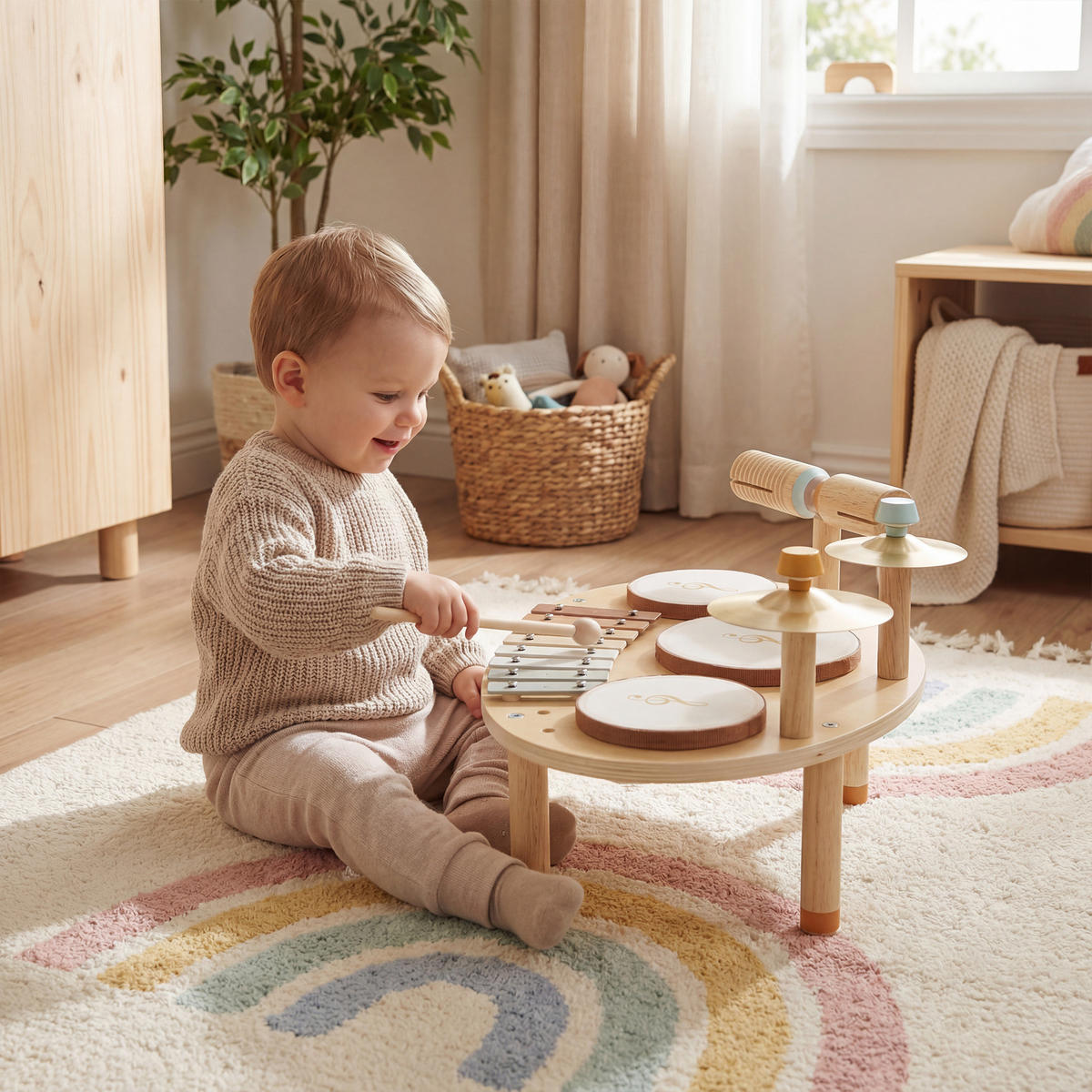 MUSIKSTATION DE-18654 4-in-1 mit Xylophon und Trommeln Natur - Naturfarben, Holzwerkstoff (28.5/23/39.5cm) - ComfortXL