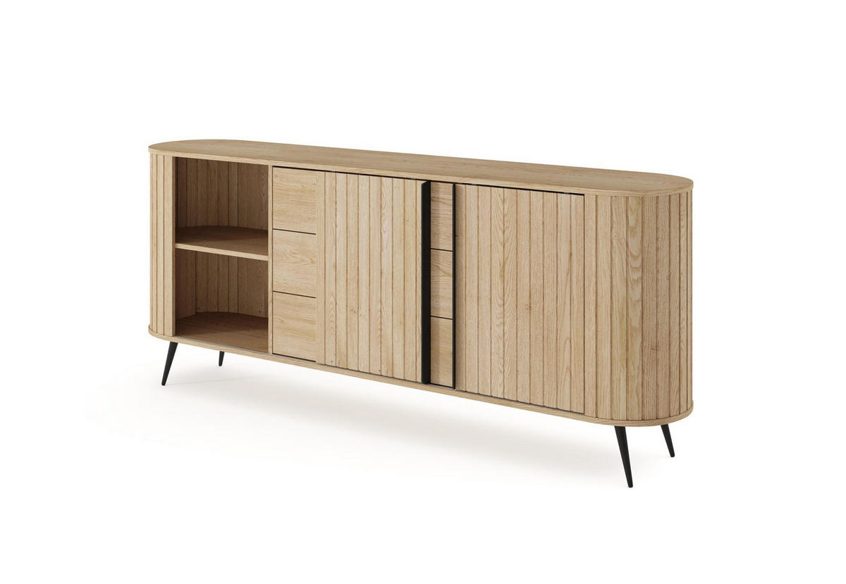 KOMMODE Rivo Eiche Cremona, mit Schubladen und Schiebetüren, geriffelten Fronten - Eichefarben/Schwarz, Holzwerkstoff/Metall (196/82/40cm) - Bettso