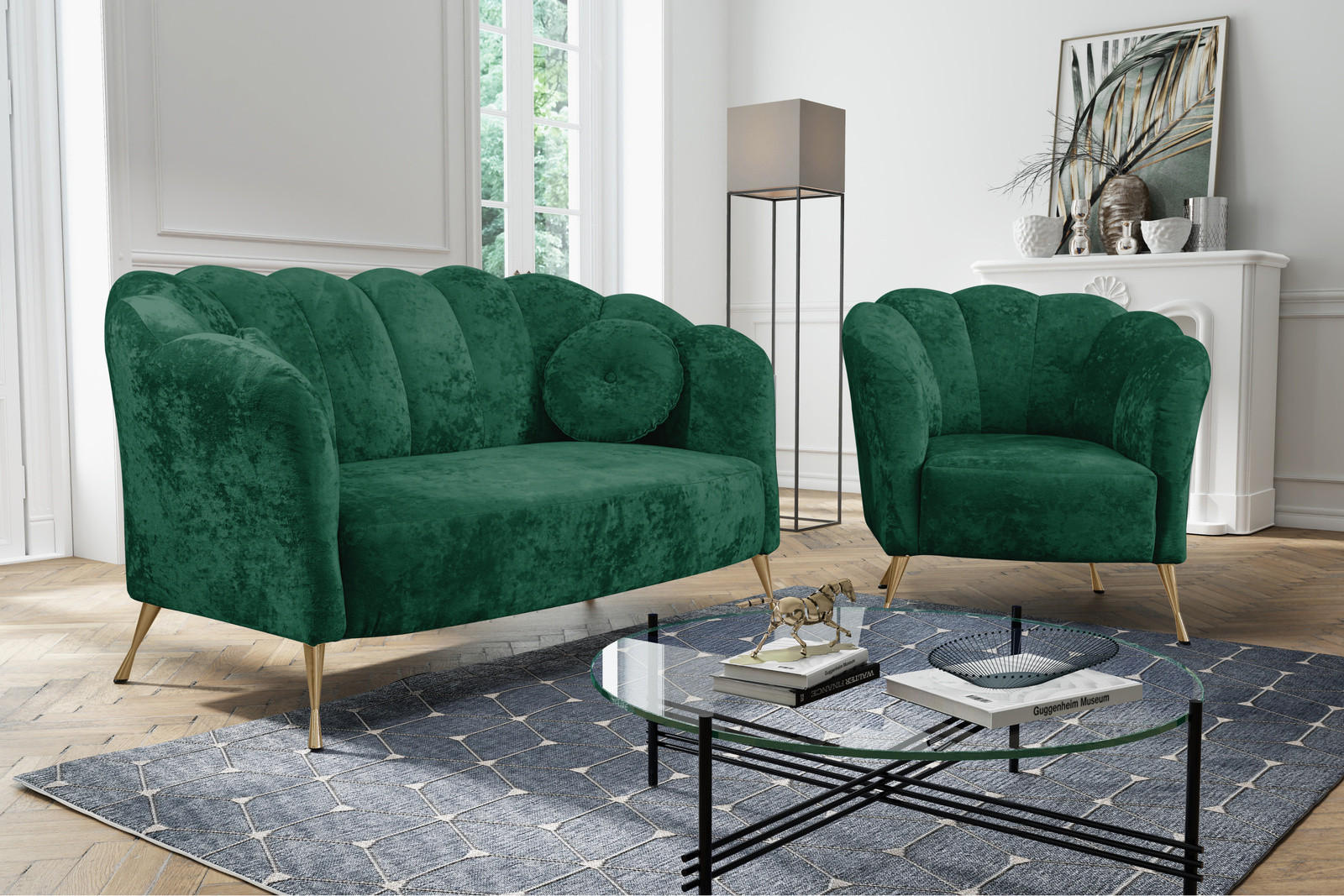 SITZGARNITUR Adria 2+1 - Dunkelgrün/Goldfarben, Holzwerkstoff/Textil (242/78/83cm) - Ravio