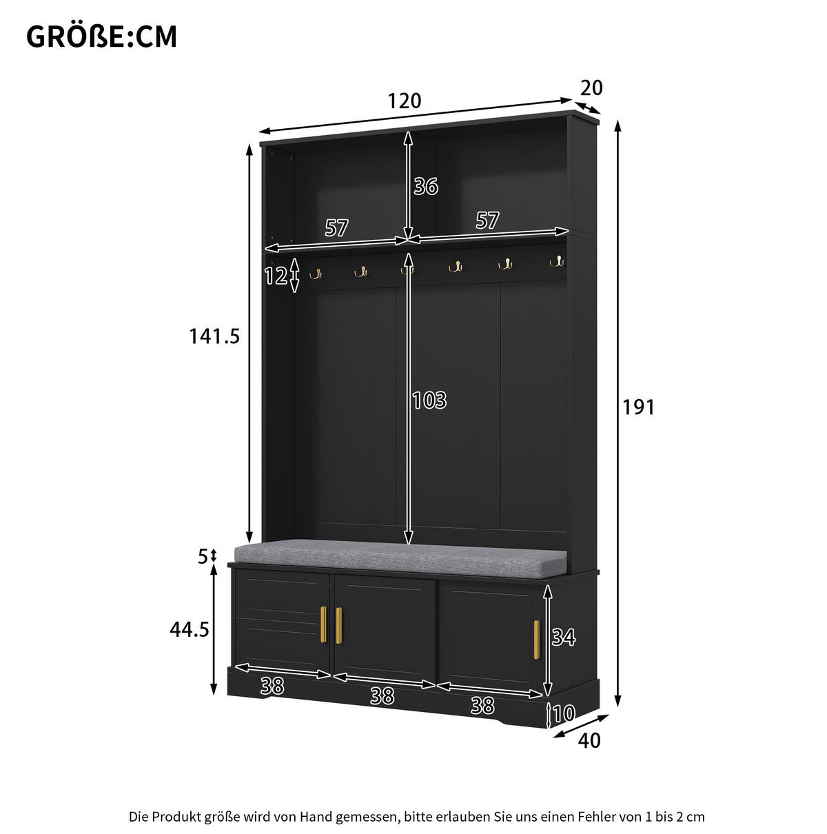 STANDGARDEROBE 120/40/191 cm in Schwarz mit 6 Haken, Sitzbank und Schuhablage - Schwarz, Holzwerkstoff (40/191/120cm) - BEAOK