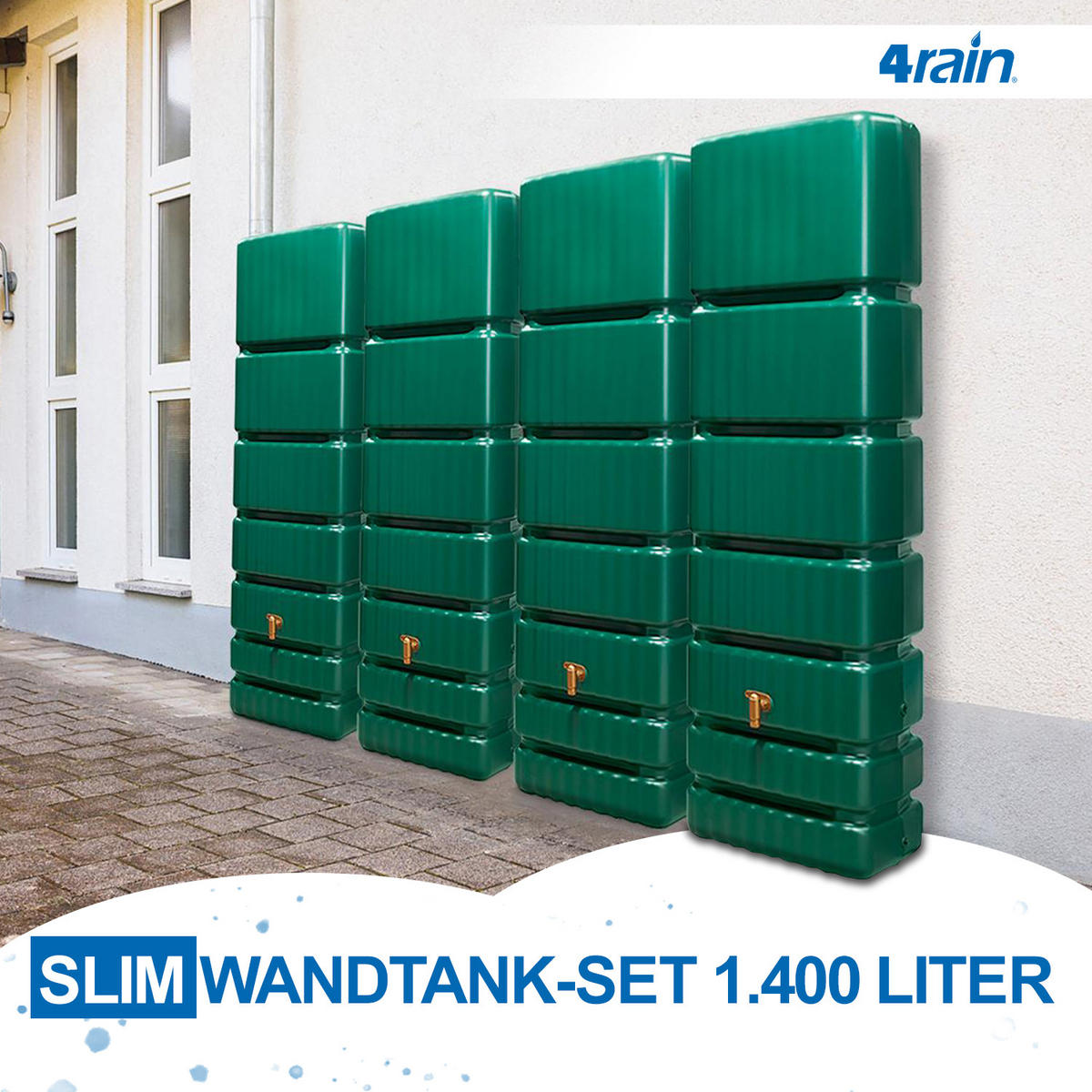WANDTANK Komplett-Set 1400 L grün 4 x 350 L inkl. Verbindungsset, Kunststoff-Auslaufhahn und Fallrohranschluss - Grün, Kunststoff (270/184/39cm) - 4rain