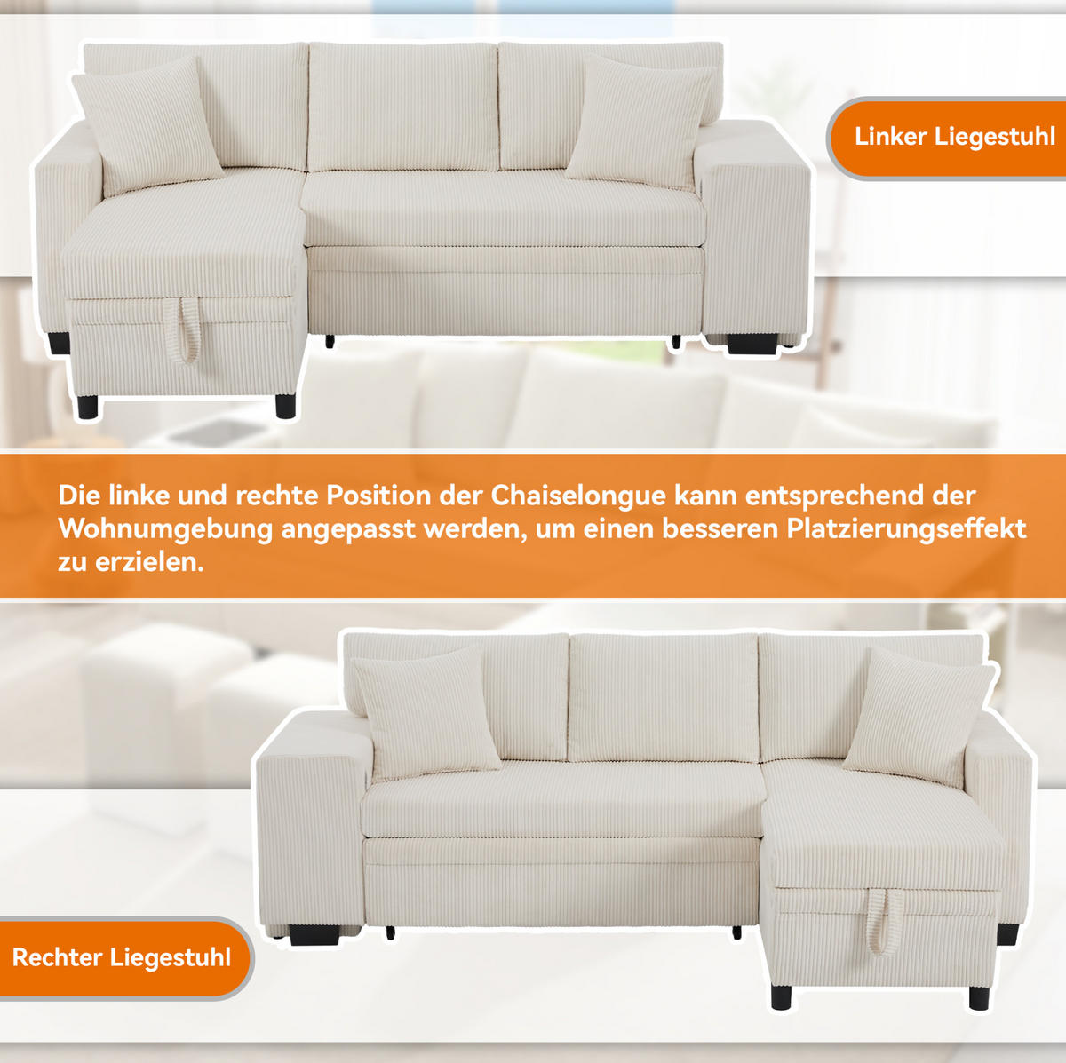 ECKSCHLAFSOFA Cord mit Stauraum und USB-Anschluss Beige 231/131,5/84 cm - Beige, Textil (84/131.5cm) - Redom