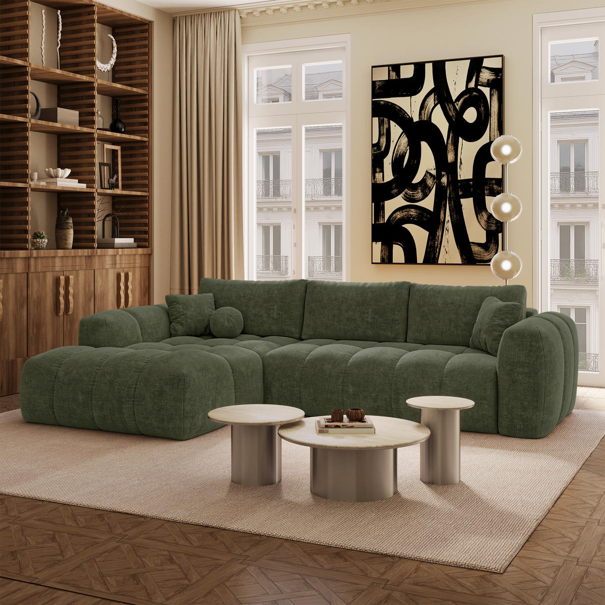 LINKSECK-SCHLAFSOFA mit Stauraum SKY Köpergewebe Vintage-Grün 310cm - Dunkelgrün/Grün, Textil (310/180cm) - Premium Interiors