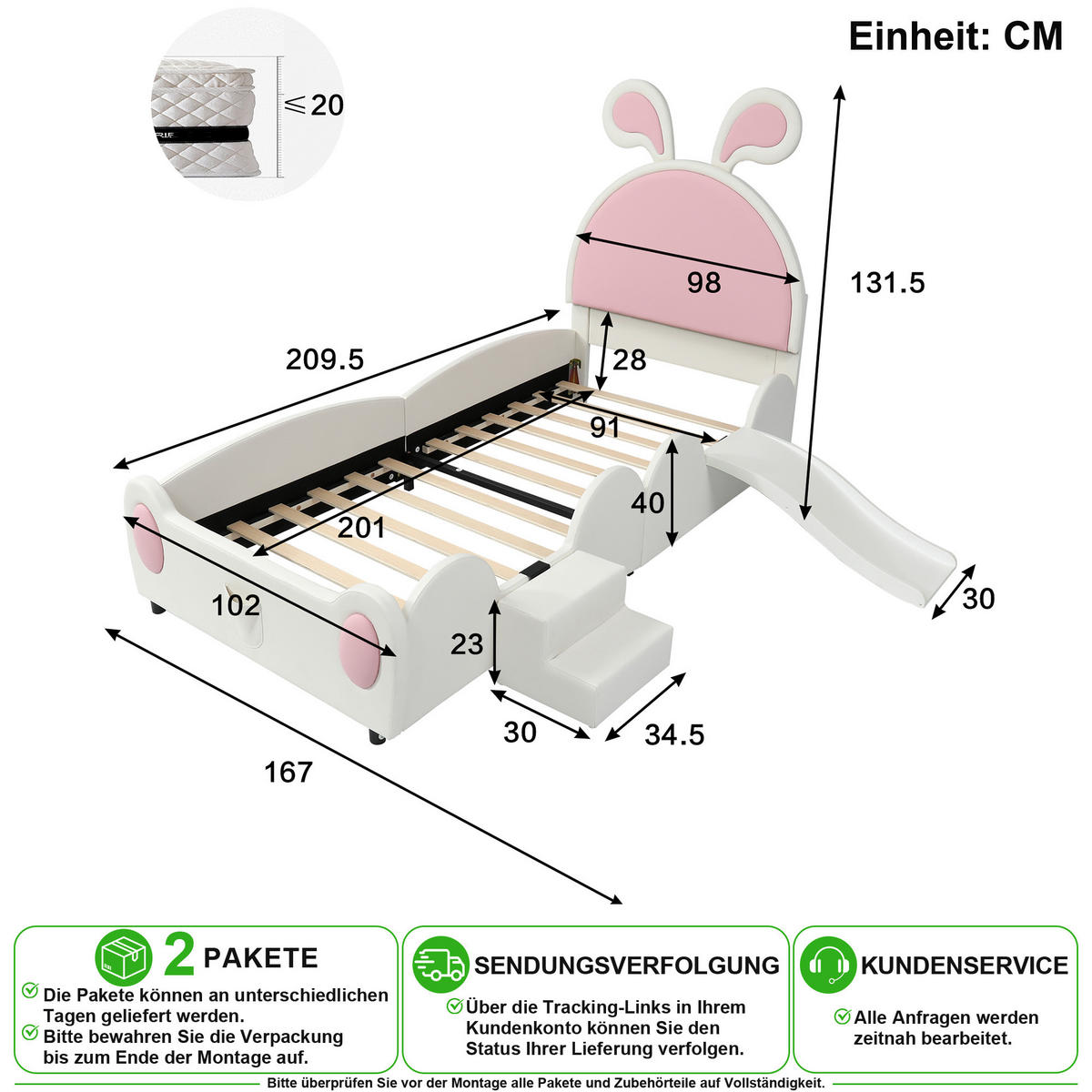 KINDERBETT 90/200 cm in Weiß & Rosa mit Treppe und Rutsche - Rosa/Weiß, Leder/Holzwerkstoff (90/200cm) - CHICFURN