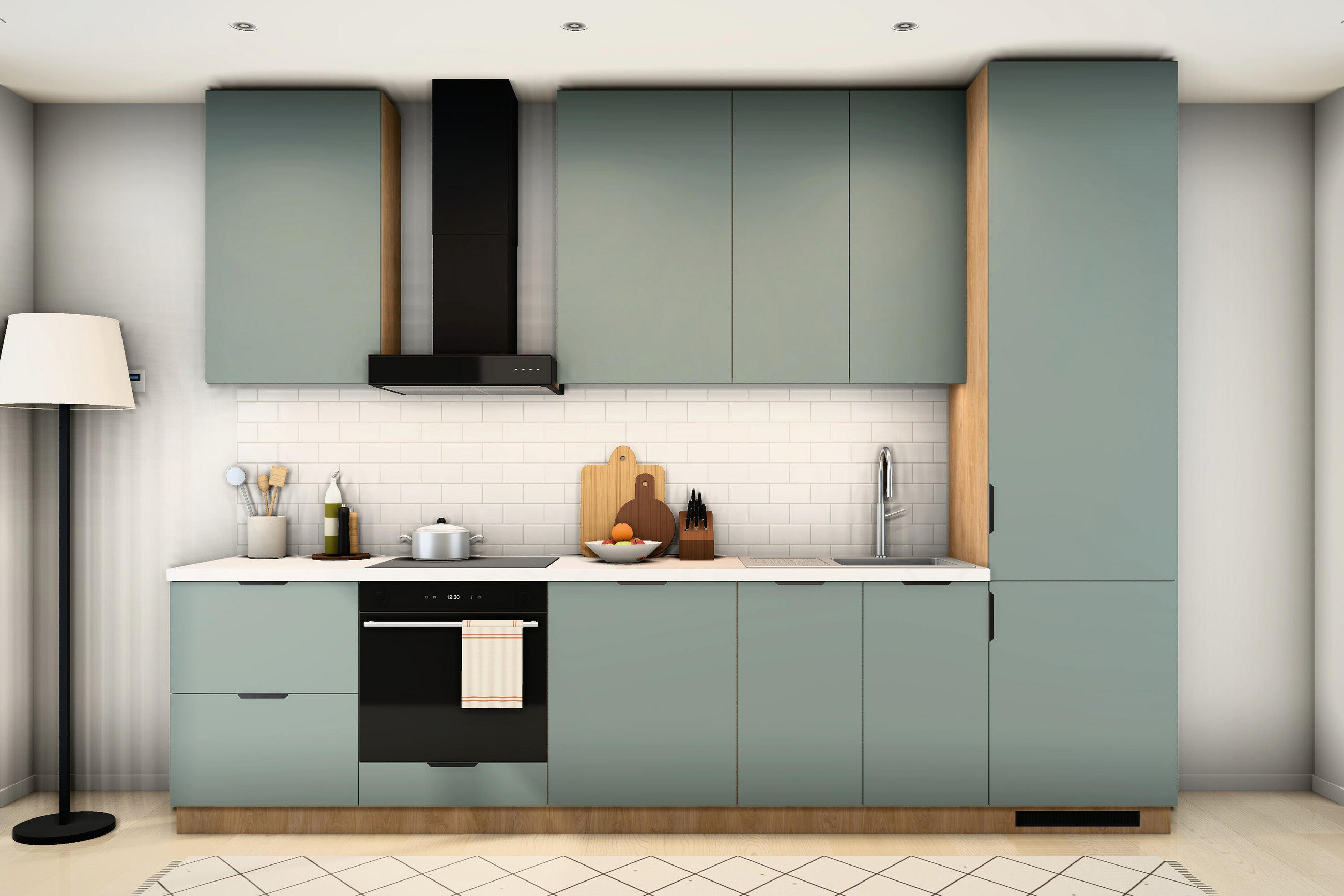 KÜCHENZEILE Sorento Grün & Sonoma Eiche – 320 cm – KÜ-SORENTO3-001 - Grün, Holzwerkstoff (320/247/58cm) - ROYAL24_MARKT