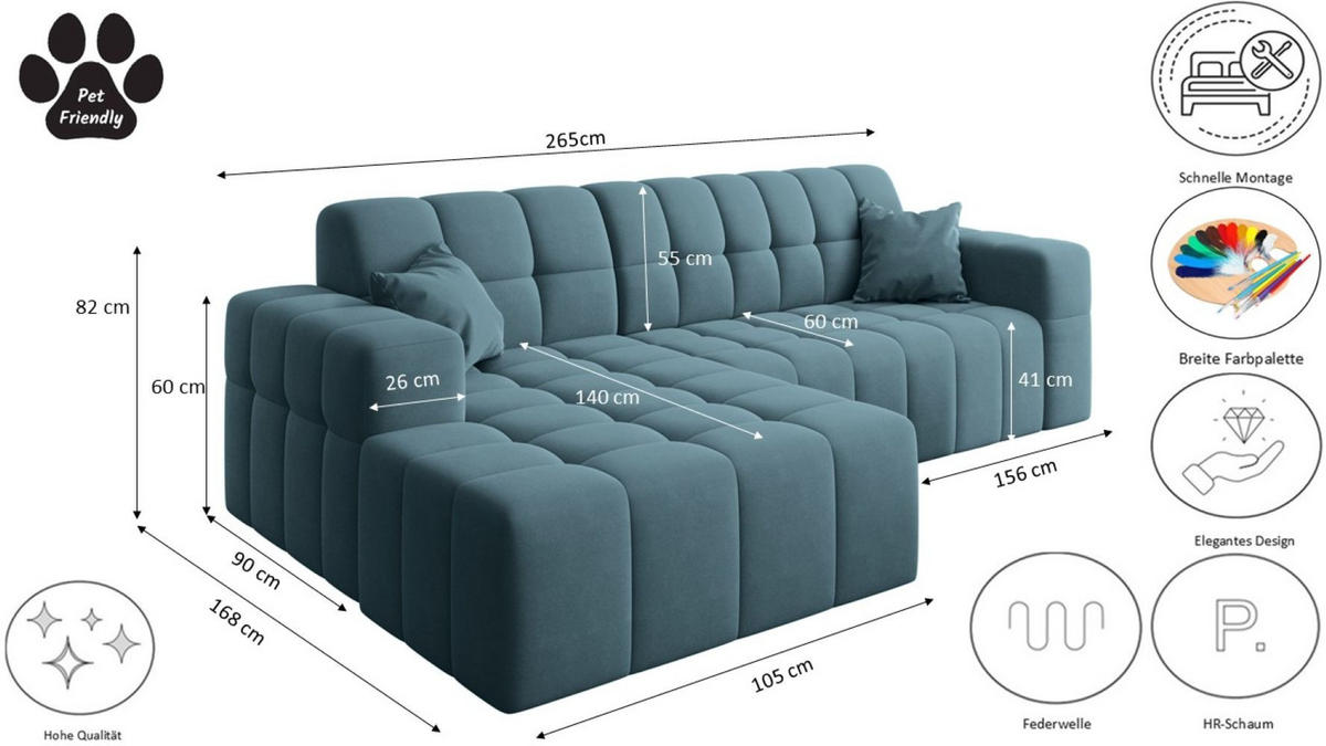 ECKSOFA L-förmiges Nimes Velours Stoff Blau Links - Blau, Holz/Kunststoff (168/265cm) - Kaiser Möbel