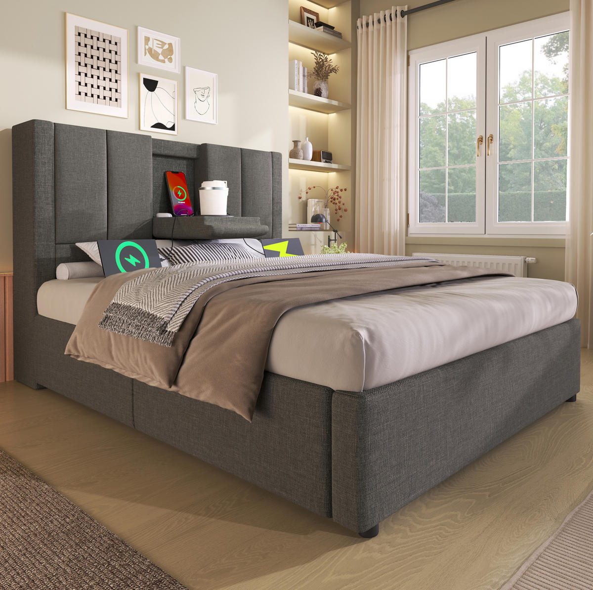 POLSTERBETT 90/200 cm Grau aus Leinen mit Stauraum - Grau, Textil (90/200cm) - OKMYHOME