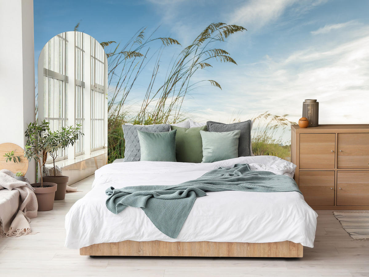 FOTOTAPETE für Schlafzimmer Dünen Pflanzen Strand Gras 400x280 - Blau/Beige, Papier (400/280cm) - Muralo