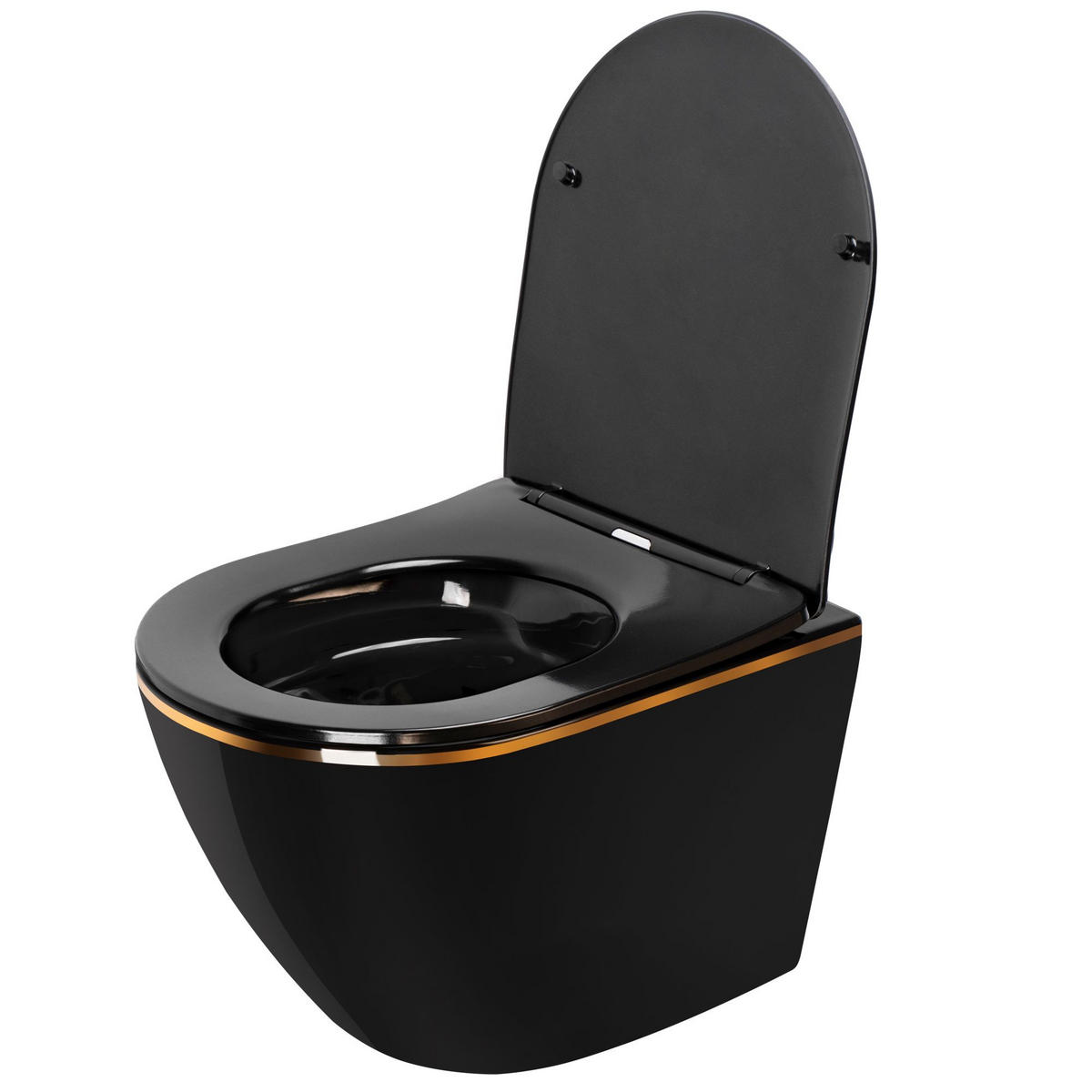 WC Schüssel Randlos Rea Carlo Mini Rimless Duroplast Flat Black Gold Edge - Schwarz, Keramik (37/33/49cm) - REA