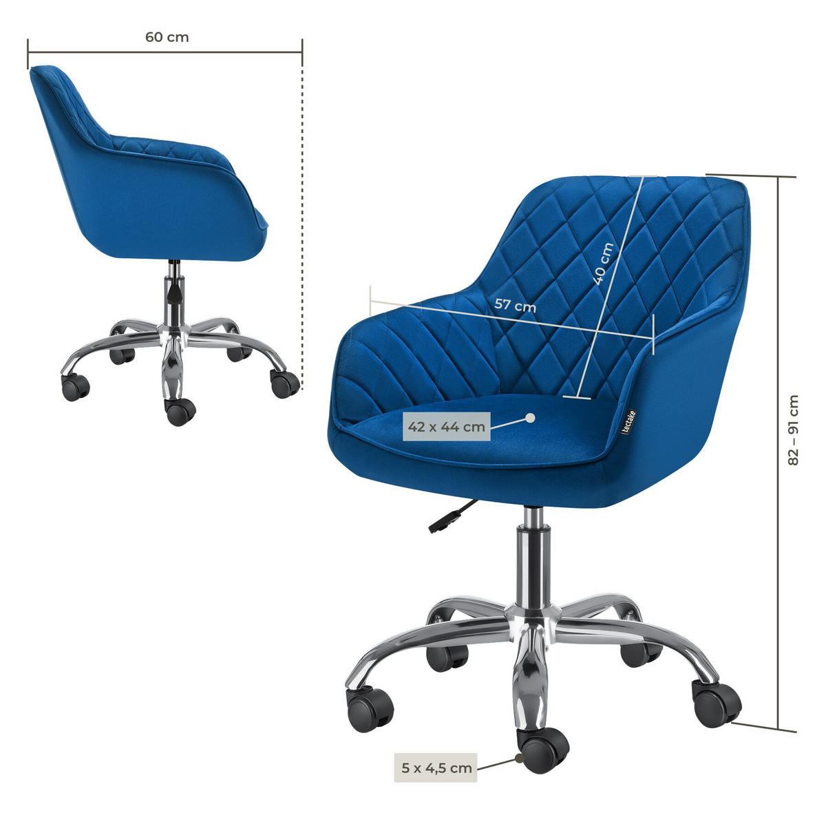 DREHSTUHL Nancy, 57 x 60 x 82 – 91 cm, Belastbarkeit 150 kg, blau - Blau, Kunststoff (57/91/60cm) - tectake