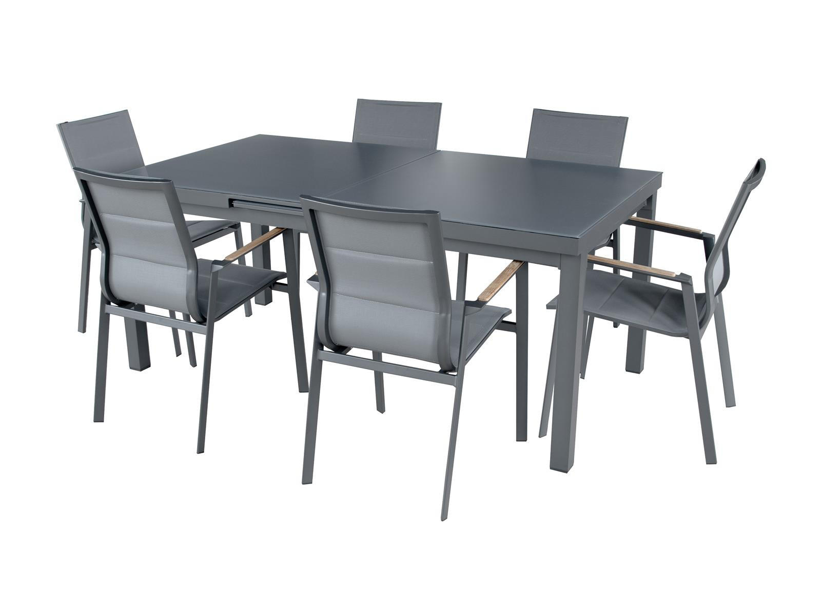 GARTENMÖBEL-SET Chicago 2 Aluminium ausziehbarer Tisch 6x Stapelstühle - Grau, Kunststoff - Green Spirit