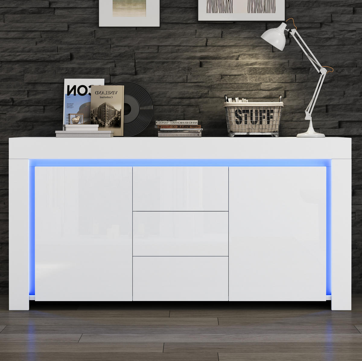 SIDEBOARD 140/40/65 cm Weiß aus MDF mit LED und Hochglanzfront - Weiß, Holzwerkstoff (140/65/40cm) - OKWISH