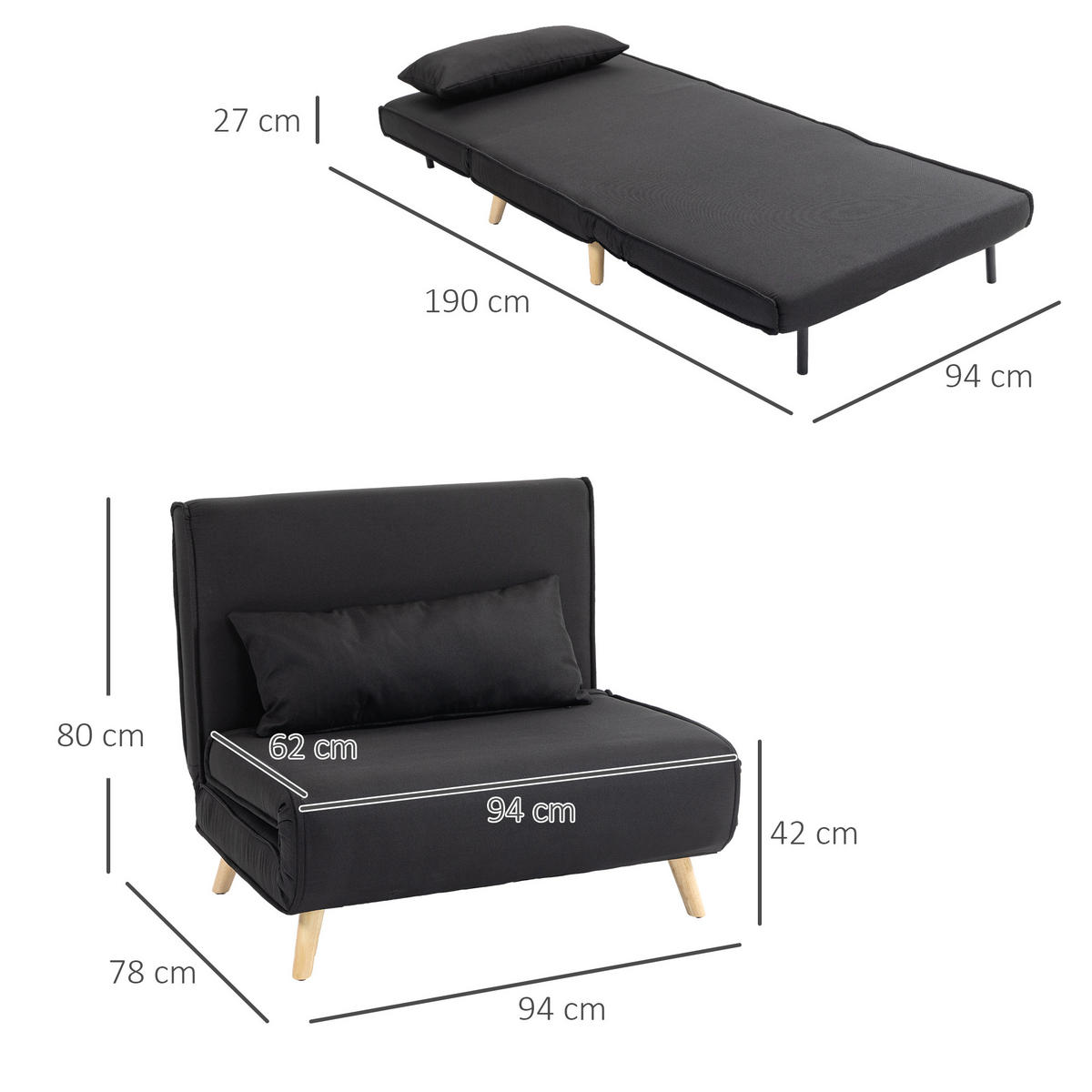 SCHLAFSESSEL DE-33451 Klappbar mit 6-Stufen-Lehne Schwarz - Schwarz, Textil (94/80/78cm)