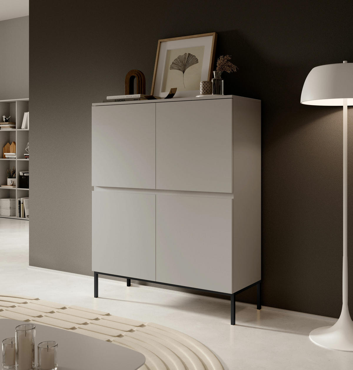 HIGHBOARD Bemmi Beige mit schwarzen Beinen 4-türig 100 cm - Beige/Schwarz, Holzwerkstoff/Metall (100/120.5/35cm) - Selsey