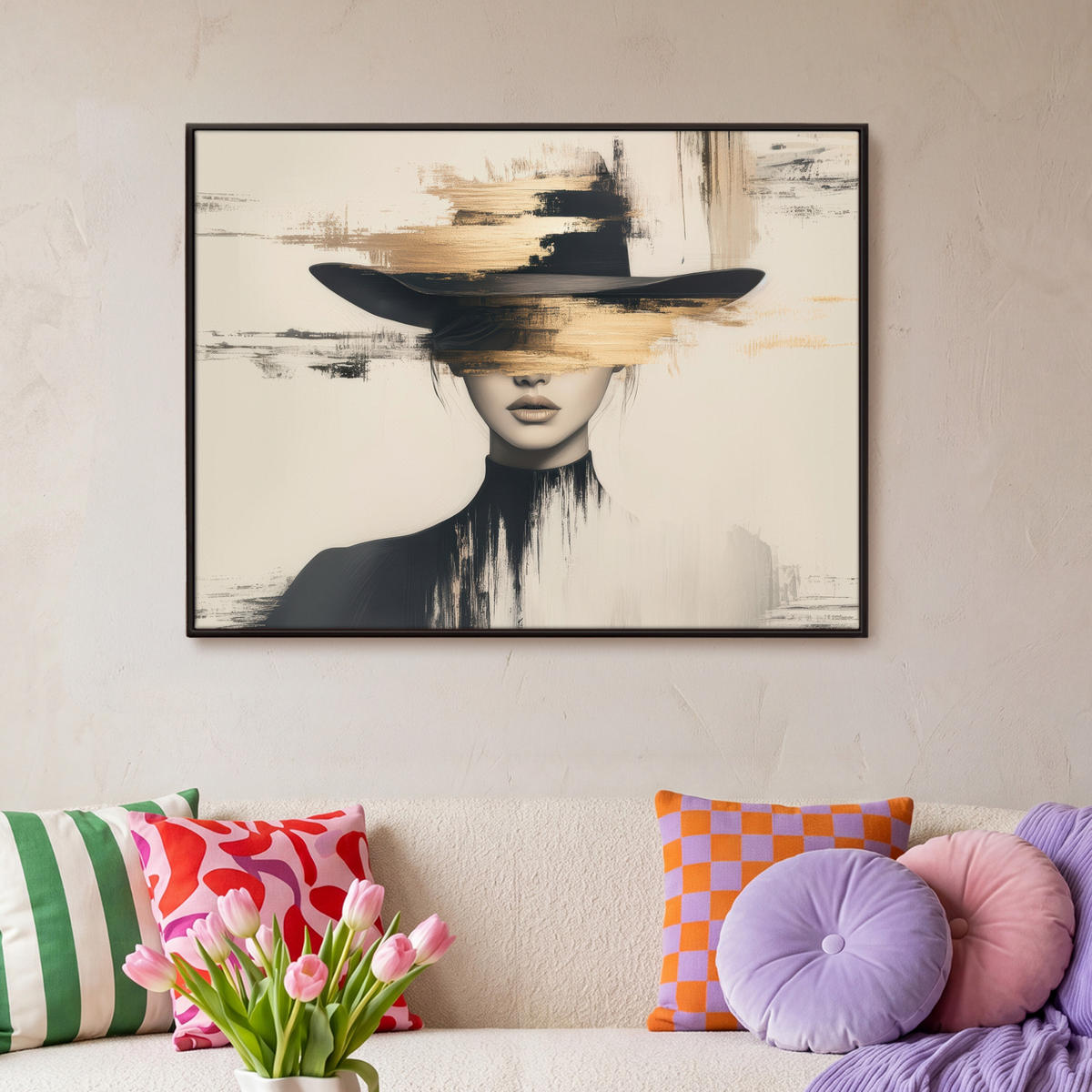 LEINWAND Bilder mit Rahmen - Frau - Hut - Farbe - 100x70 - Goldfarben, Textil (100/70cm) - MuchoWow