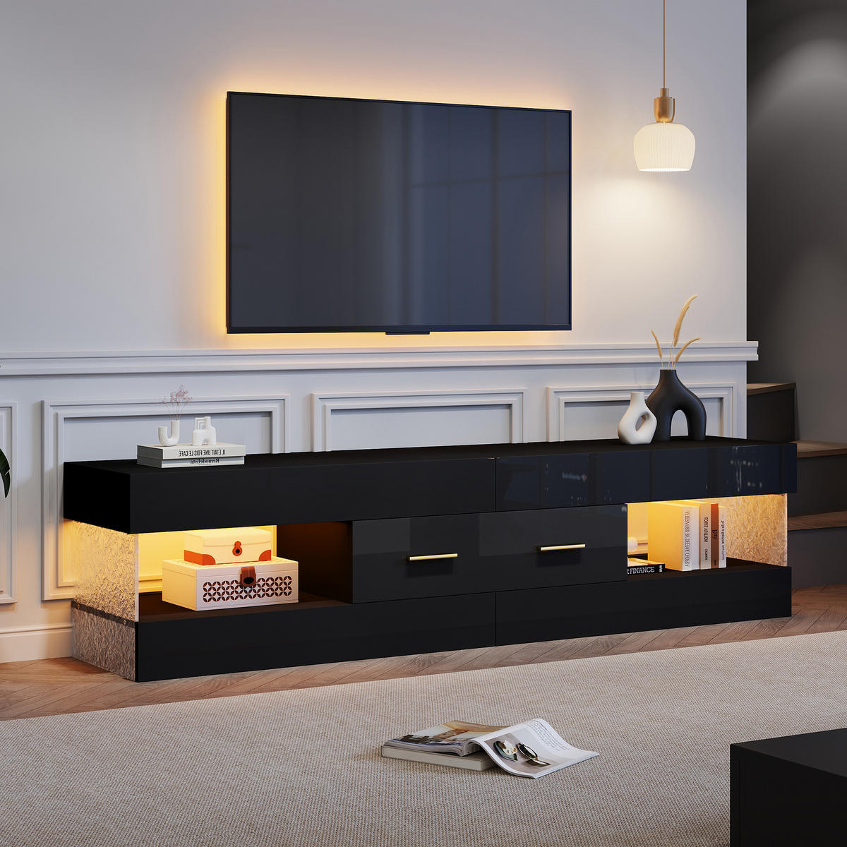 TV-SCHRANK schwarz mit Acryl-Seitenwänden, zwei Schubladen und LED-Beleuchtung 152 × 35 × 40 cm aus Spanplatte - Schwarz, Holzwerkstoff (152/40/35cm) - Luhomfu