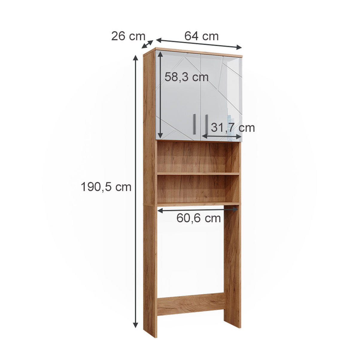WASCHMASCHINENSCHRANK Irma Weiß Hochglanz/Goldkraft Eiche 64 x 190.5 cm - Weiß Hochglanz/Eiche Wotan, Holzwerkstoff (64/190.5/26cm) - Vicco