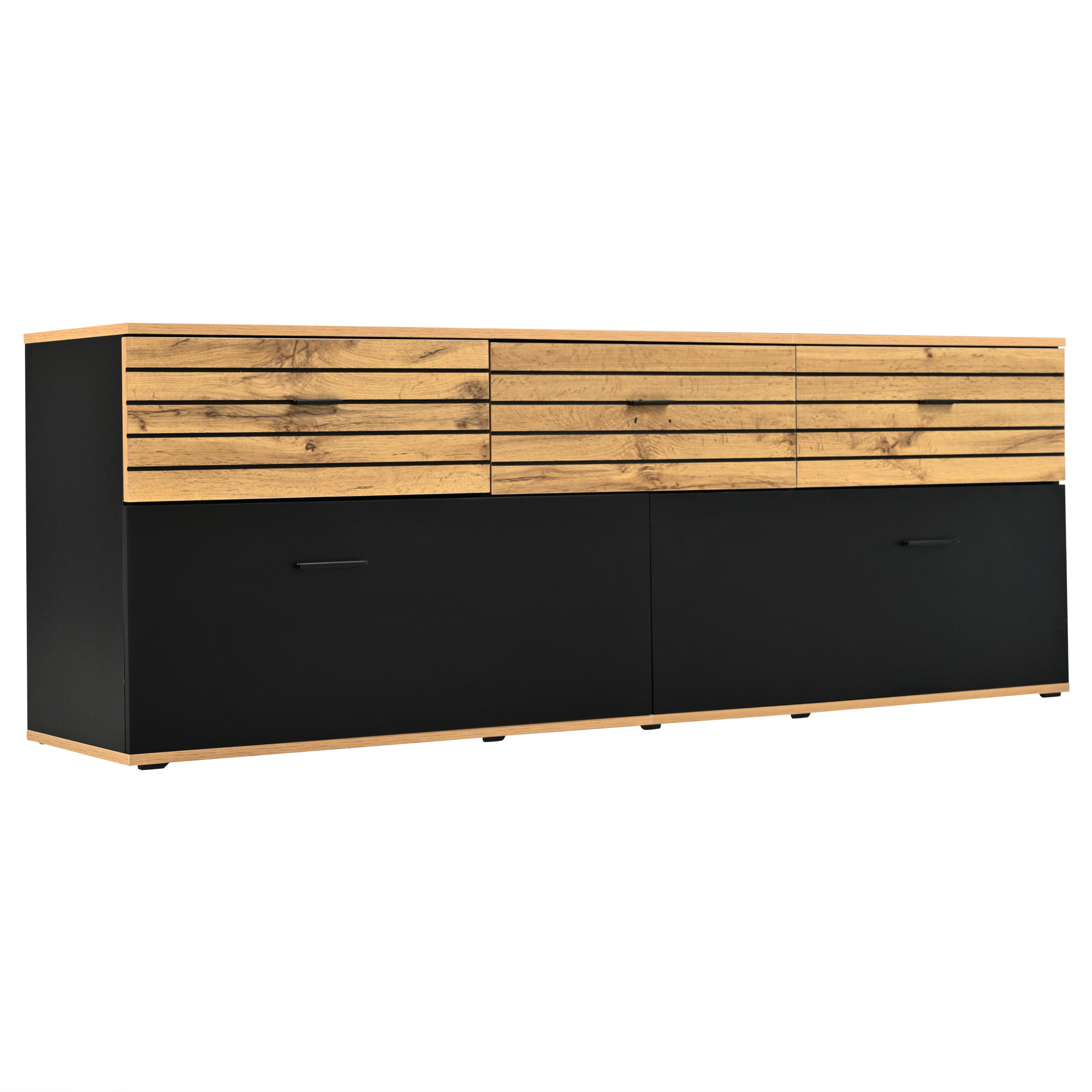 LOWBOARD DE-40451 3 Schubladen mit Wellenmuster Holzfarbe/Schwarz - Schwarz/Naturfarben, Holzwerkstoff (168/59/38cm) - ComfortXL