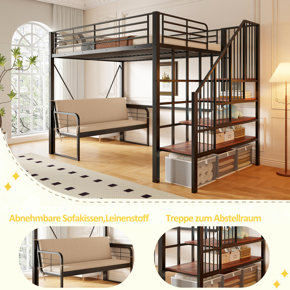 ETAGENBETT 140/200 cm, Schwarz mit Stauraum und Polstersofa - Schwarz, Metall (140/200cm) - MIVRAY