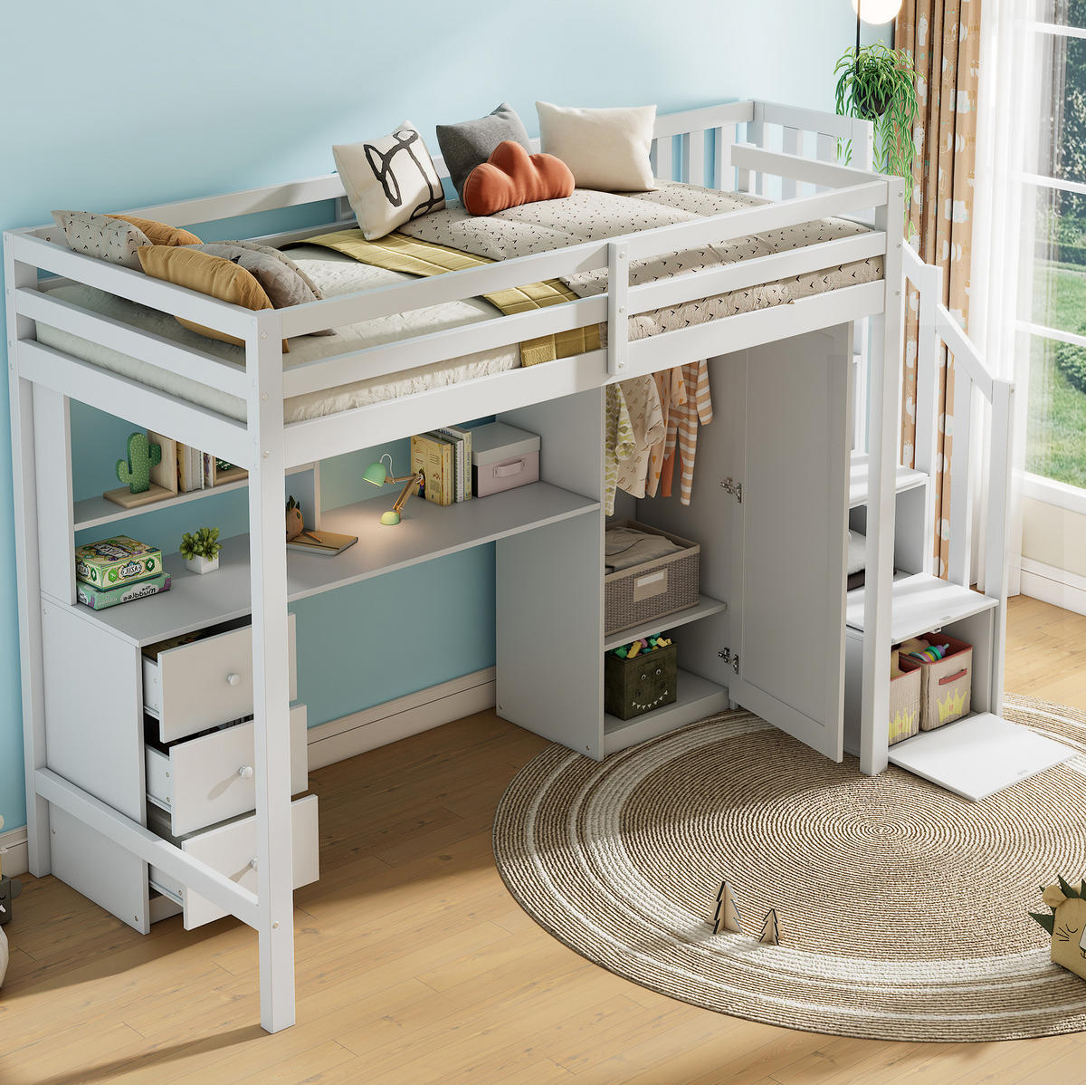 KINDEREINZELBETTEN aus Massivholz 90x200 cm in Weiß mit Schreibtisch & Kleiderschrank - Weiß, Holz (90/200cm) - Modfu