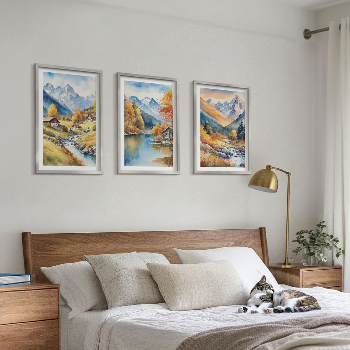 WANDBILDER 3er Set - 40x60 cm Silberner Rahmen - Herbstliche Berge, Flusshäuser - Silberfarben, Kunststoff (40/60cm) - ArtPrintCave