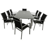 GARTEN-GARNITUR Ashford - 9-teilige Garten-Essgruppe (8x Stapelsessel mit Aluminiumgestell, Bespannung Textillehne schwarz, Ausziehtisch - Schwarz, Metall - TPFGarden