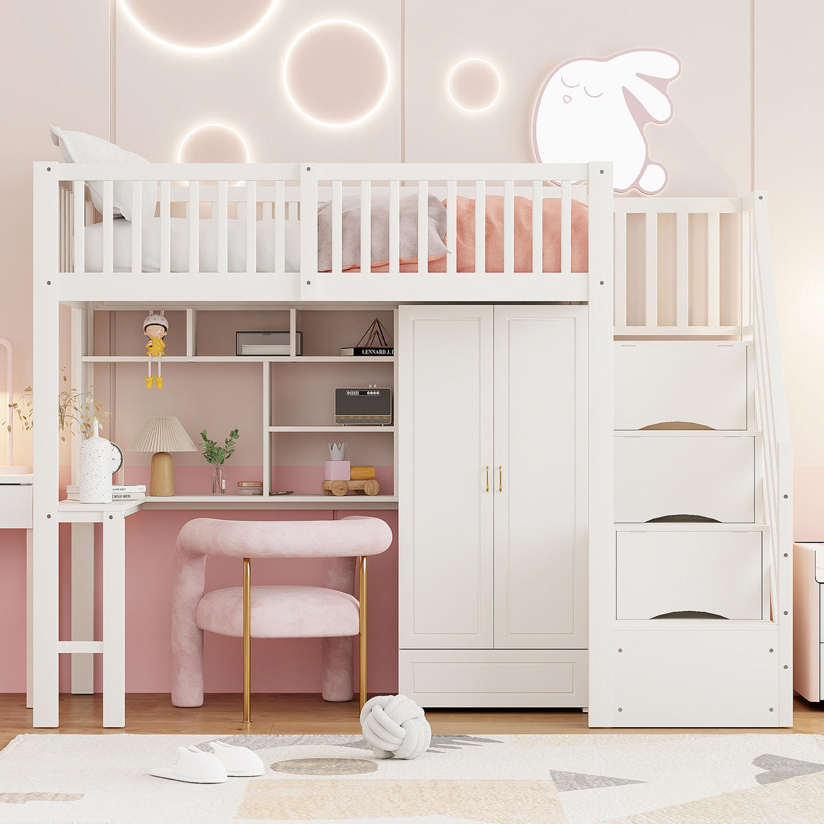 HOCHBETT 90/200 cm Weiß mit Kleiderschrank Tisch Stauraum Treppe aus Holz - Weiß, Holz (90/200cm) - OKWISH