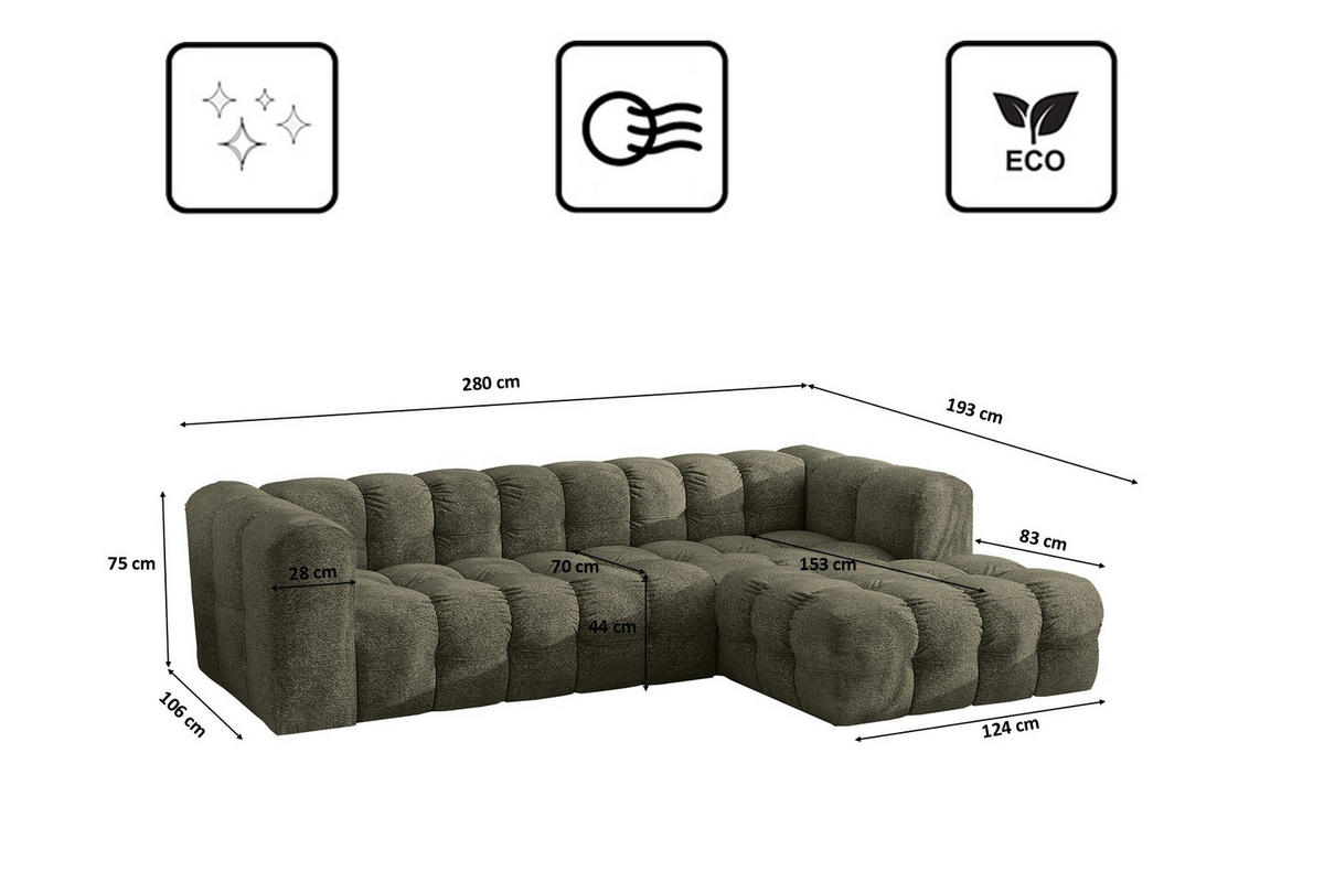 ECKSOFA L-form BALOO L, Chenille-Stoff Arena, Grün, Rechts - Grün, Holz (280/193cm) - Kaiser Möbel