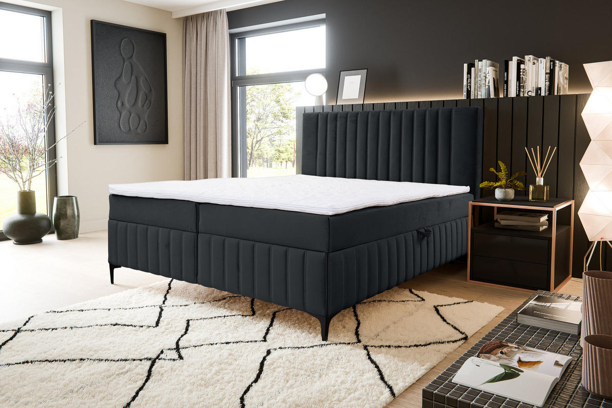 BOXBETT QUANT mit 2 Bettkästen, 180x200, Farbe: Schwarz, Velourstoff, mit Bonell-Matratze inkl. Topper - Schwarz, Holz/Kunststoff (180/200cm) - VENASI MÖBEL
