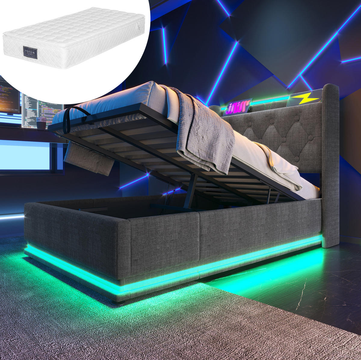 BETT mit Stauraum, LED und Matratze 90x200 cm Leinen Grau - Grau, Metall (90/200cm) - Meubliv
