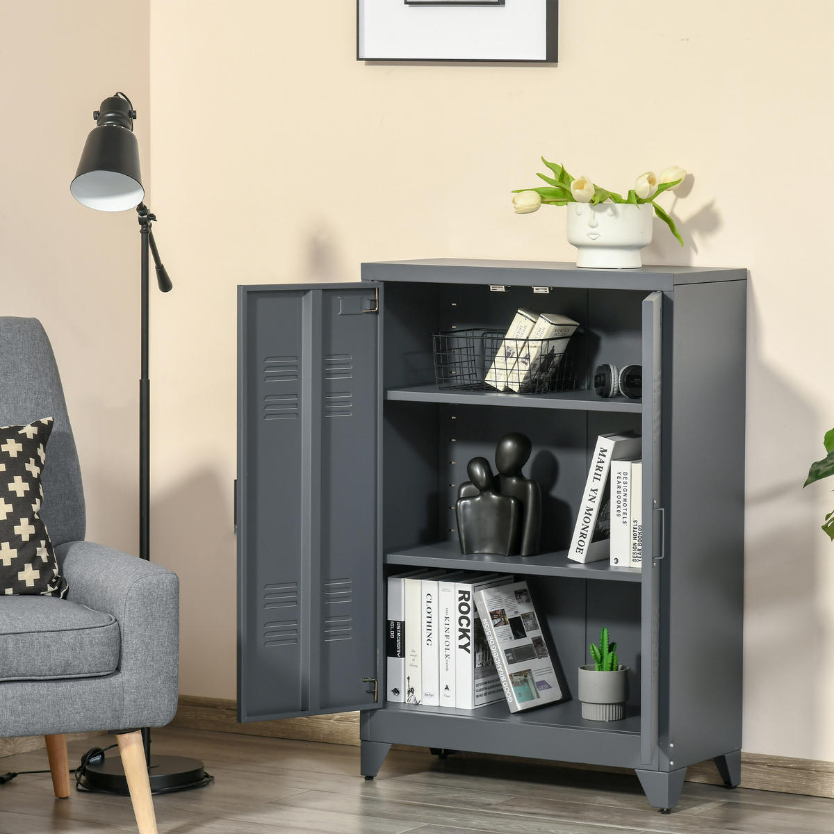 AKTENSCHRANK DE-14410 2 Türen mit verstellbaren Böden Grau - Grau, Metall (33/110/75cm) - ComfortXL