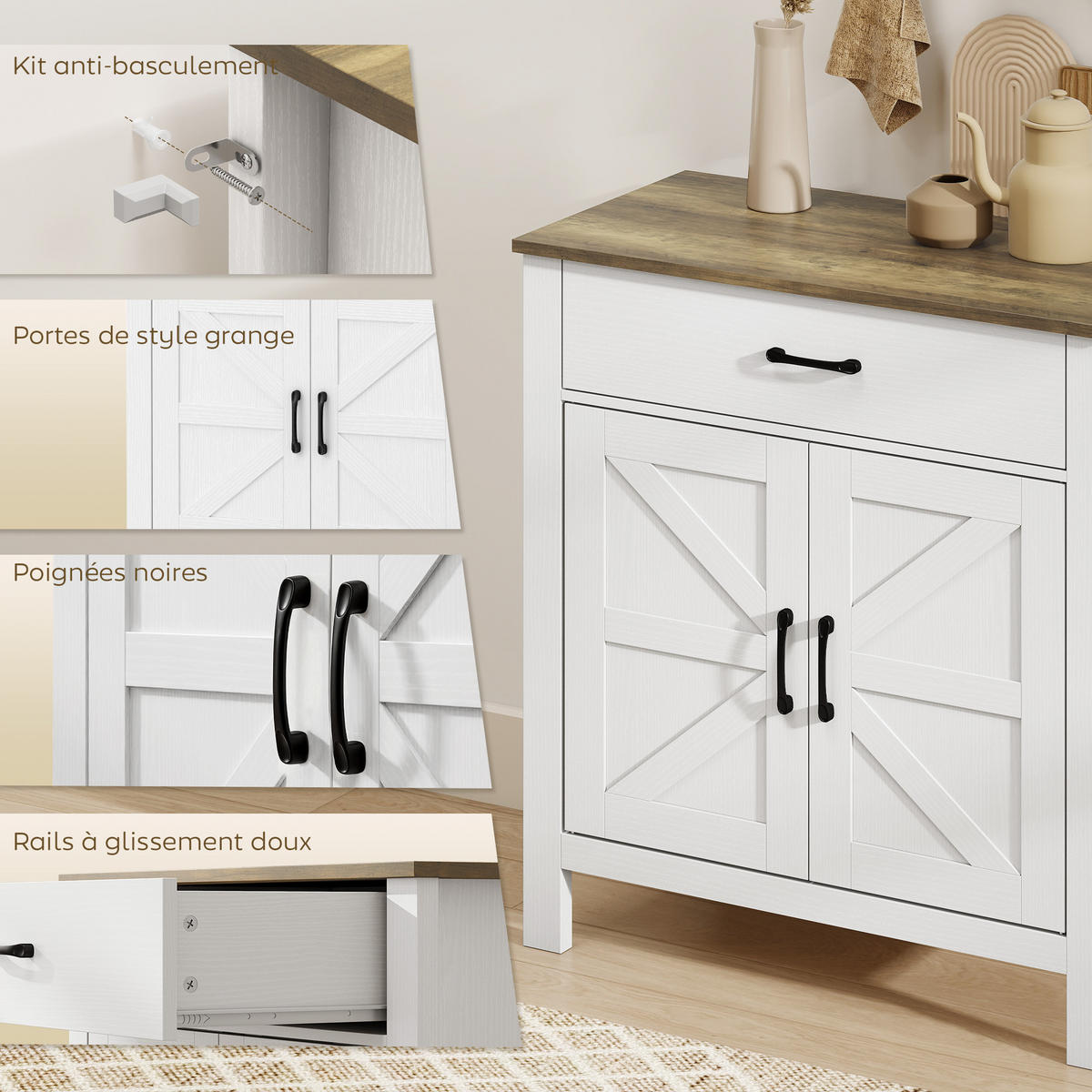 SIDEBOARD Weiß-Braun, 2 Türen, 1 Schublade, 77/39,3/81,5 cm - Weiß, Holz (77/81.5/39.3cm) - PANGIVO