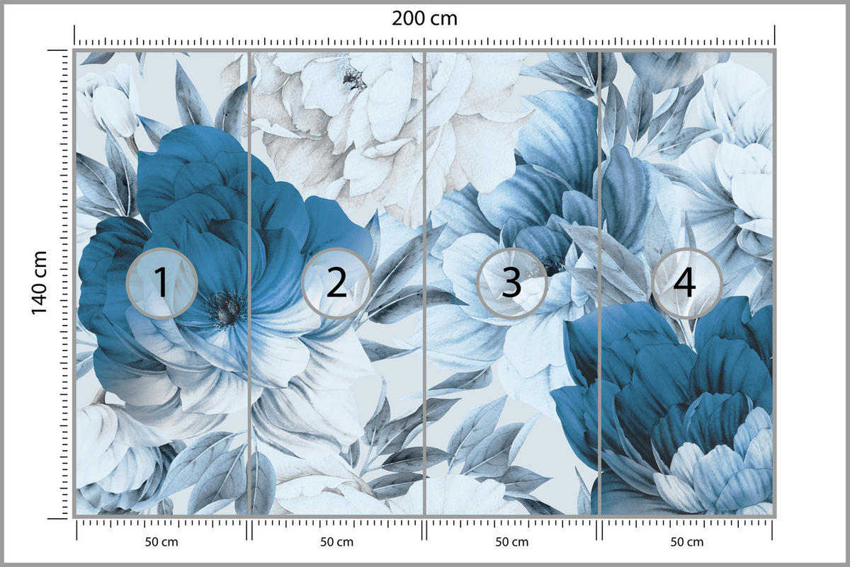 FOTOTAPETE für Wohnzimmer Blaue Pfingstrosen Zart Blumen Boho 200x140 - Blau/Weiß, Papier (200/140cm) - Muralo