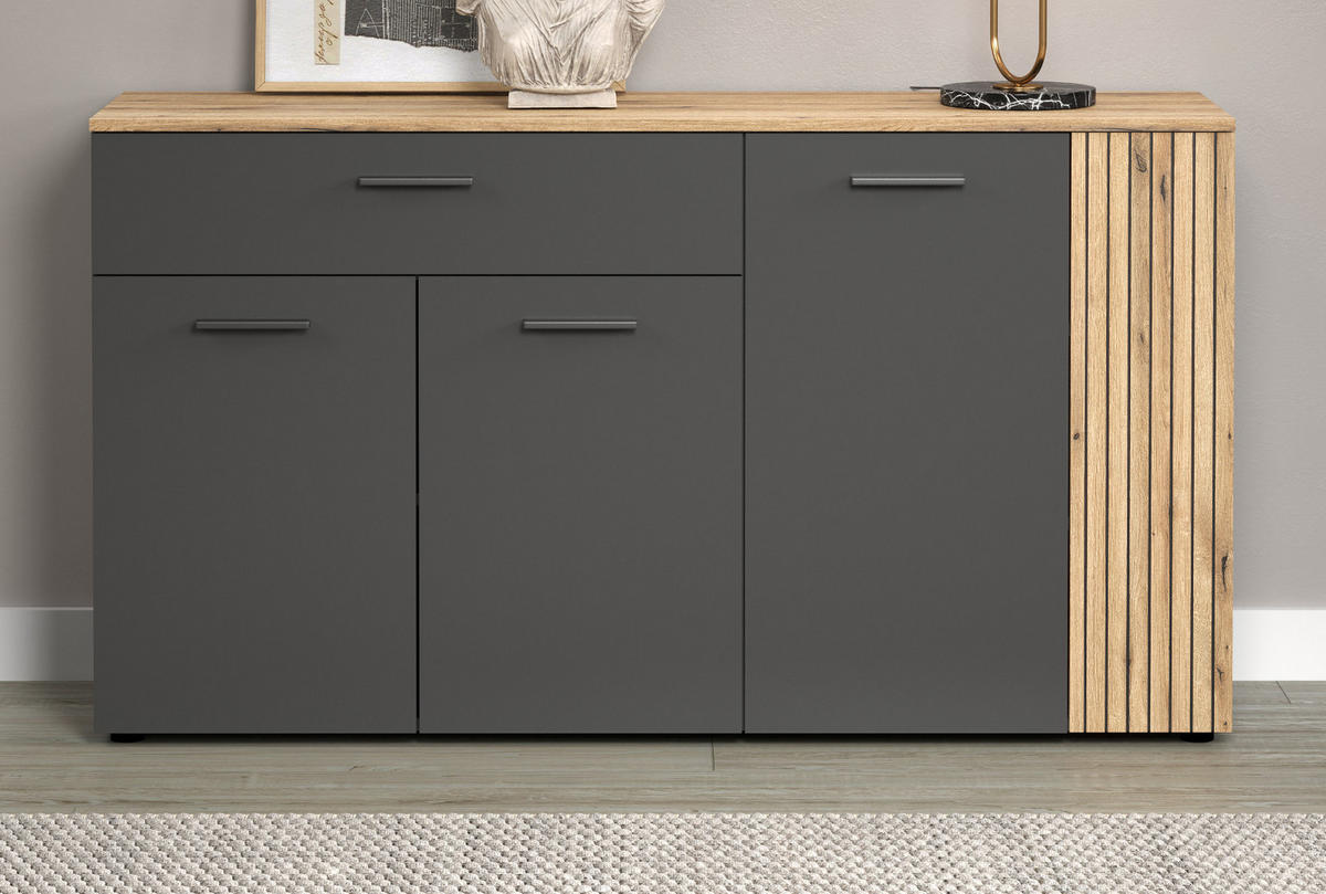 SIDEBOARD grau, Evoke Eiche 150 cm, Kommode 4-türig - Eichefarben/Schwarz, Holzwerkstoff/Kunststoff (150/83/32cm) - Top.Furn