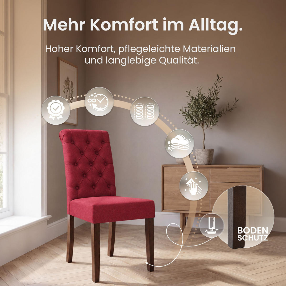 STUHL 2er Set Stoff rot - Rot/Walnussfarben, Holz/Textil (45/98/63cm) - CLP