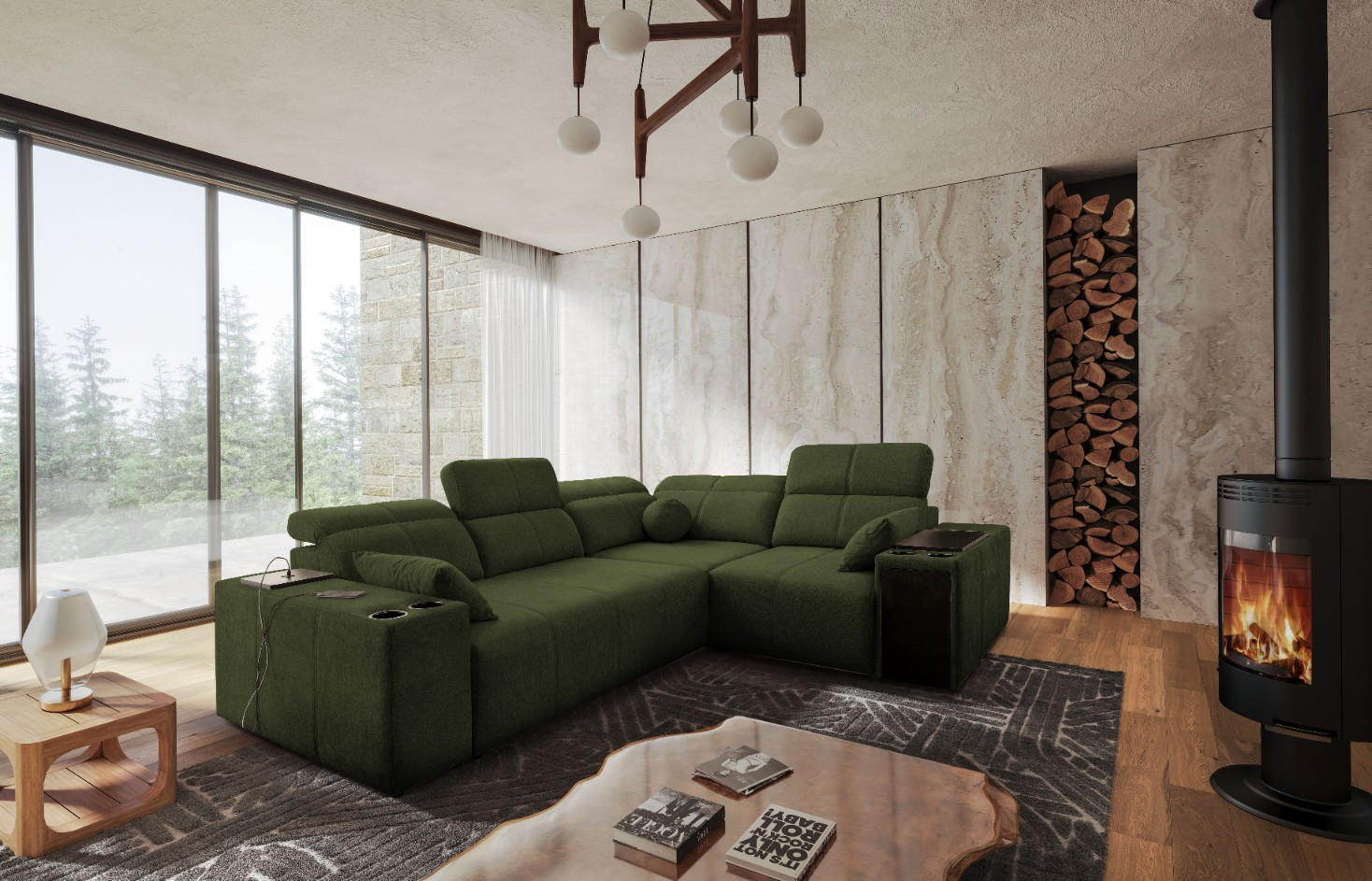 ECKSOFA Mit Schlaffunktion USB Und Verstellbarer Rückenlehne Mindy II Dunkelgrün Rechts - Dunkelgrün, Holz/Textil (288/219cm) - Kaiser Möbel