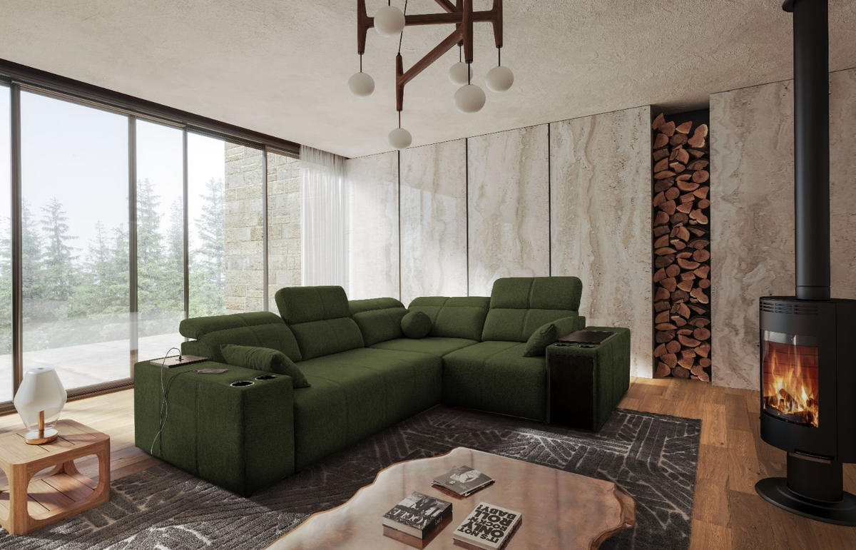 ECKSOFA Mit Schlaffunktion USB Und Verstellbarer Rückenlehne Mindy II Dunkelgrün Rechts - Dunkelgrün, Holz/Textil (288/219cm) - Kaiser Möbel