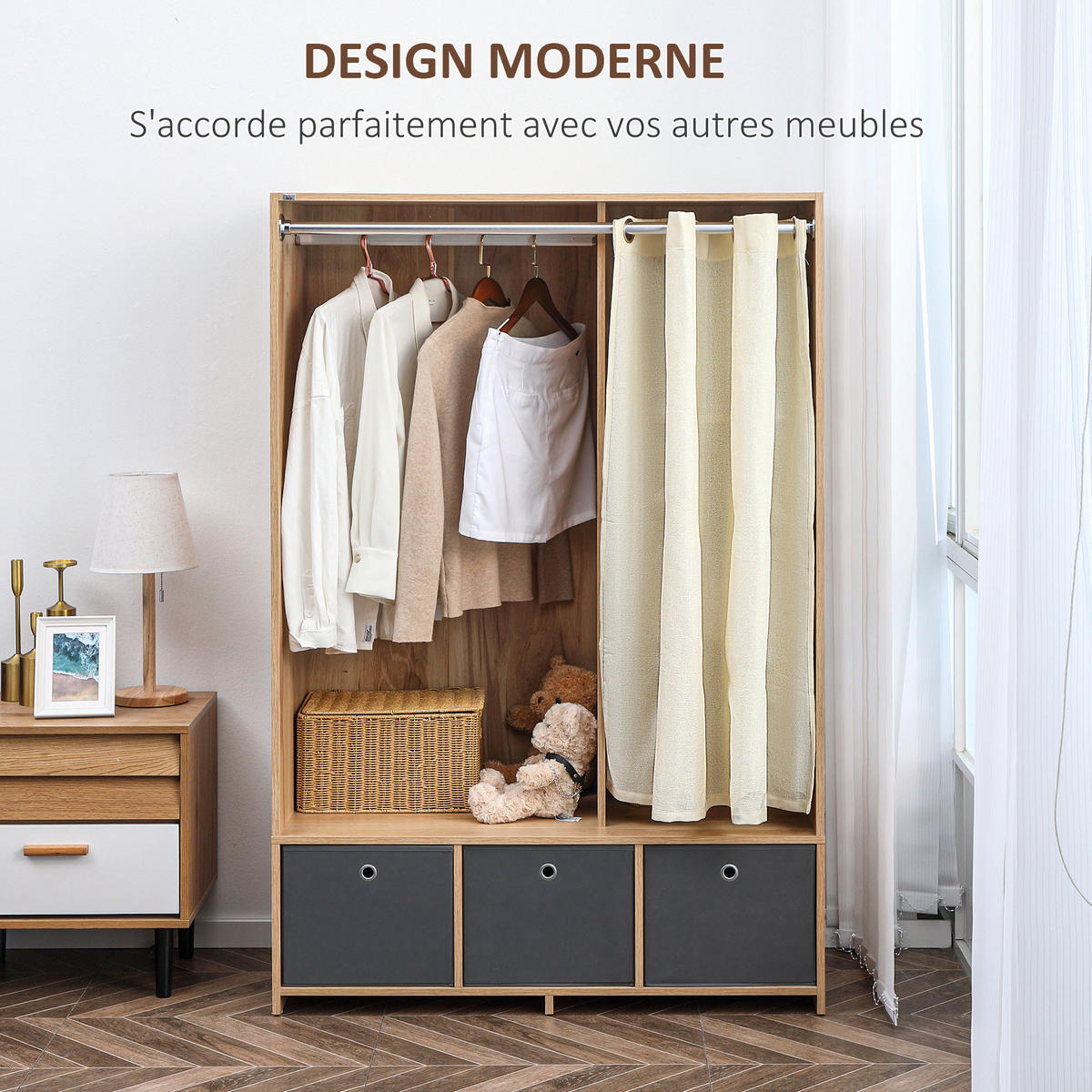 KLEIDERSCHRANK DE-17166 mit Kleiderstange & 3 Stoffschubladen Natur - Naturfarben, Holzwerkstoff (48/160/105cm) - ComfortXL