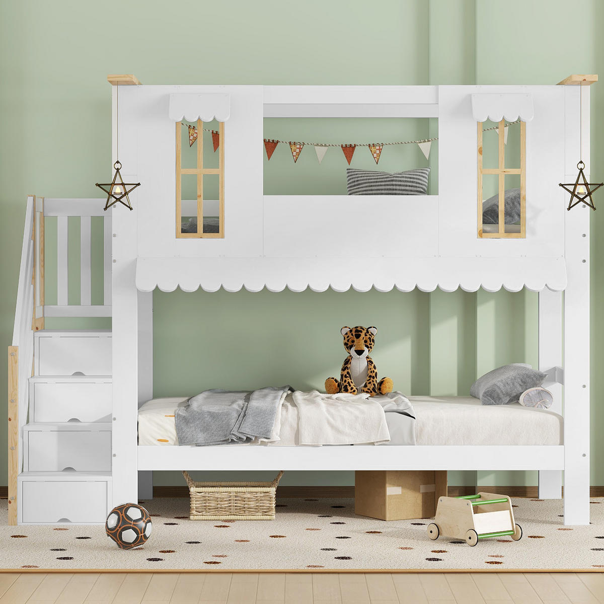 ETAGENBETT 90/200 cm weiß aus Kiefer und MDF mit Aufbewahrungstreppe - Weiß, Holz (90/200cm) - OKWISH