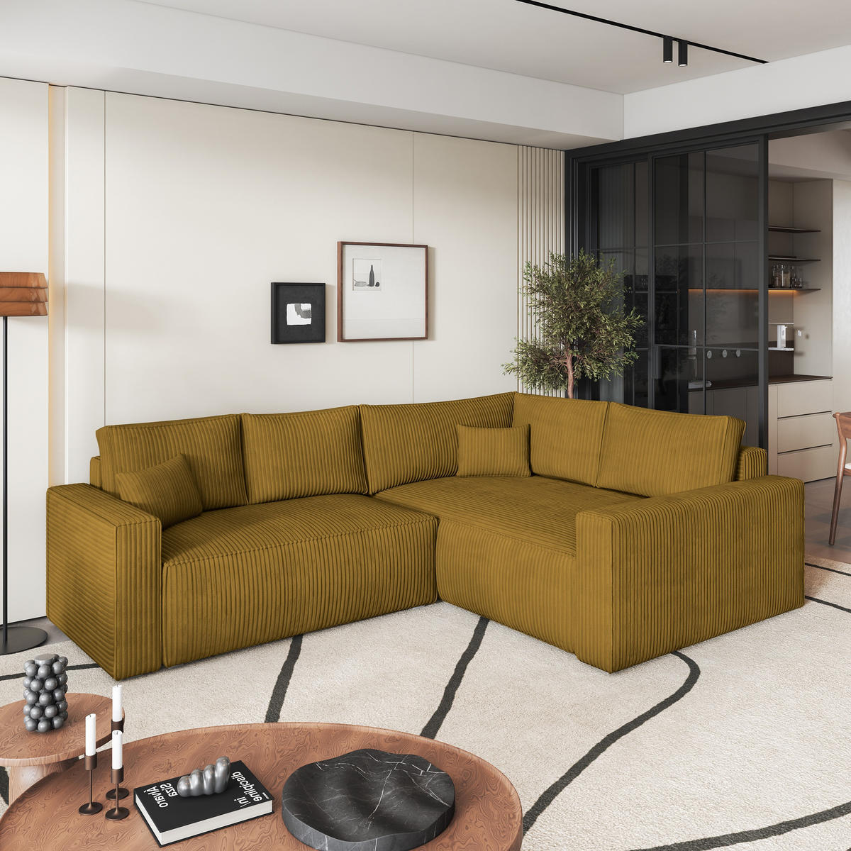 ECKSOFA ERONIS R-S Gelb Kordstoff mit Schlaffunktion - Gelb, Holz (265/194cm) - MASSENO
