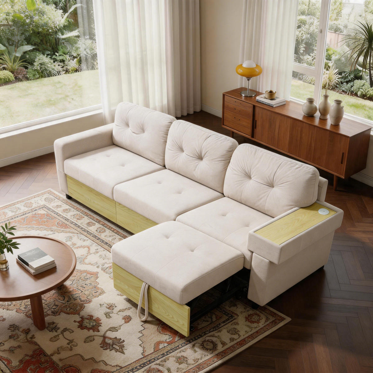 ECKSOFA 228/115/78 cm Beige mit ausziehbarer Ottomane, USB-Anschluss und Stauraum - Beige, Textil (228/80cm) - Oxeza